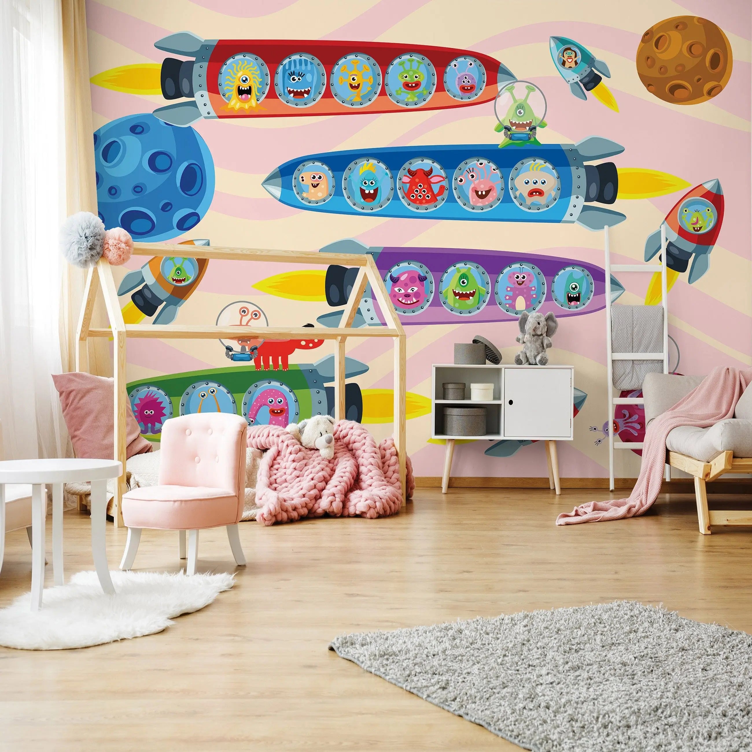 Billede 14 af Fototapet - Farverige raketter med sjove monstre i rummet