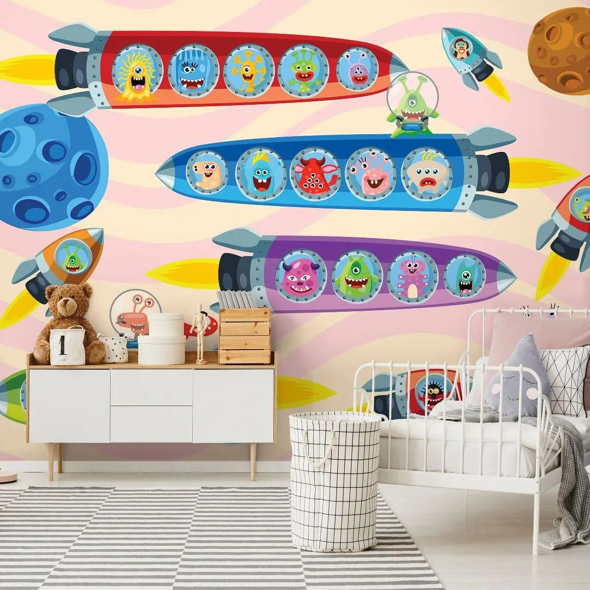 Billede 5 af Fototapet - Farverige raketter med sjove monstre i rummet