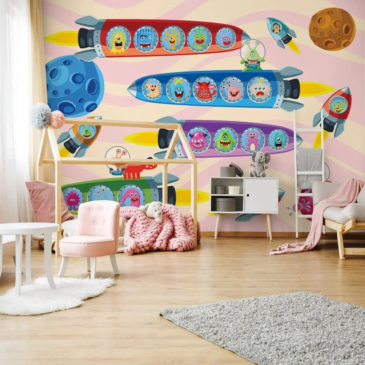 Billede 6 af Fototapet - Farverige raketter med sjove monstre i rummet