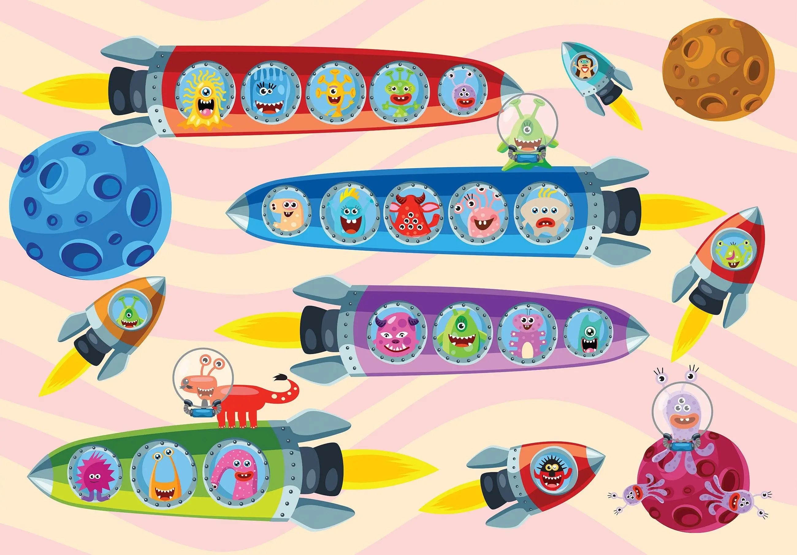 Billede 8 af Fototapet - Farverige raketter med sjove monstre i rummet