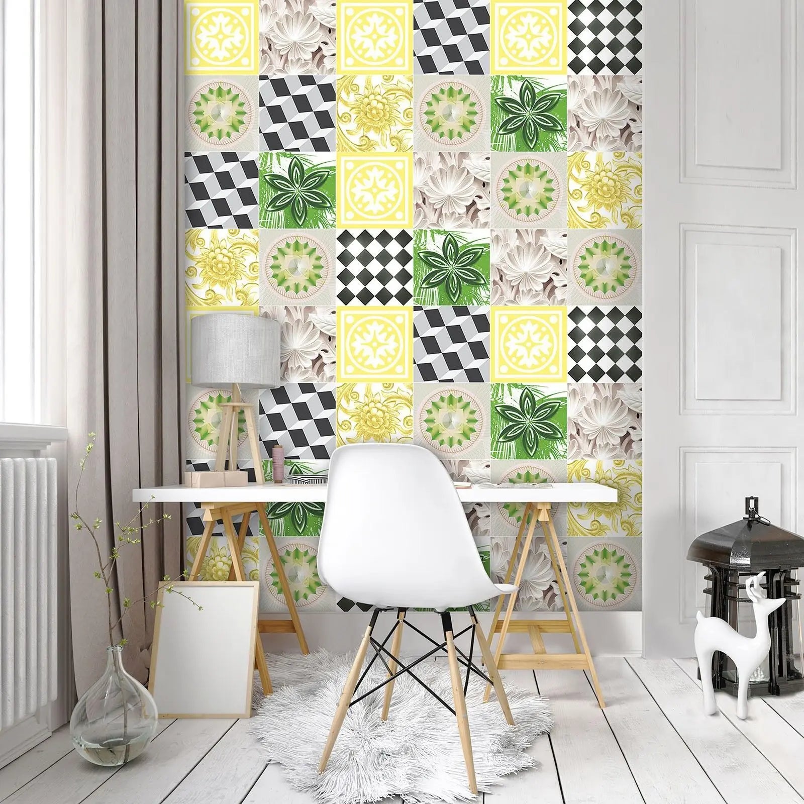 Billede 12 af Fototapet - Flerfarvet mønstret flisedesign med geometriske og blomstrede mønstre