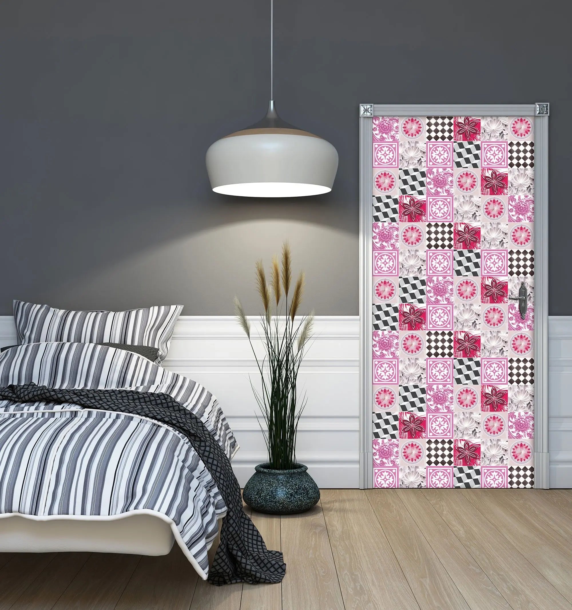 Billede 3 af Fototapet - Fliser med blomstermønster og harlekinmønster i lyserød og sort