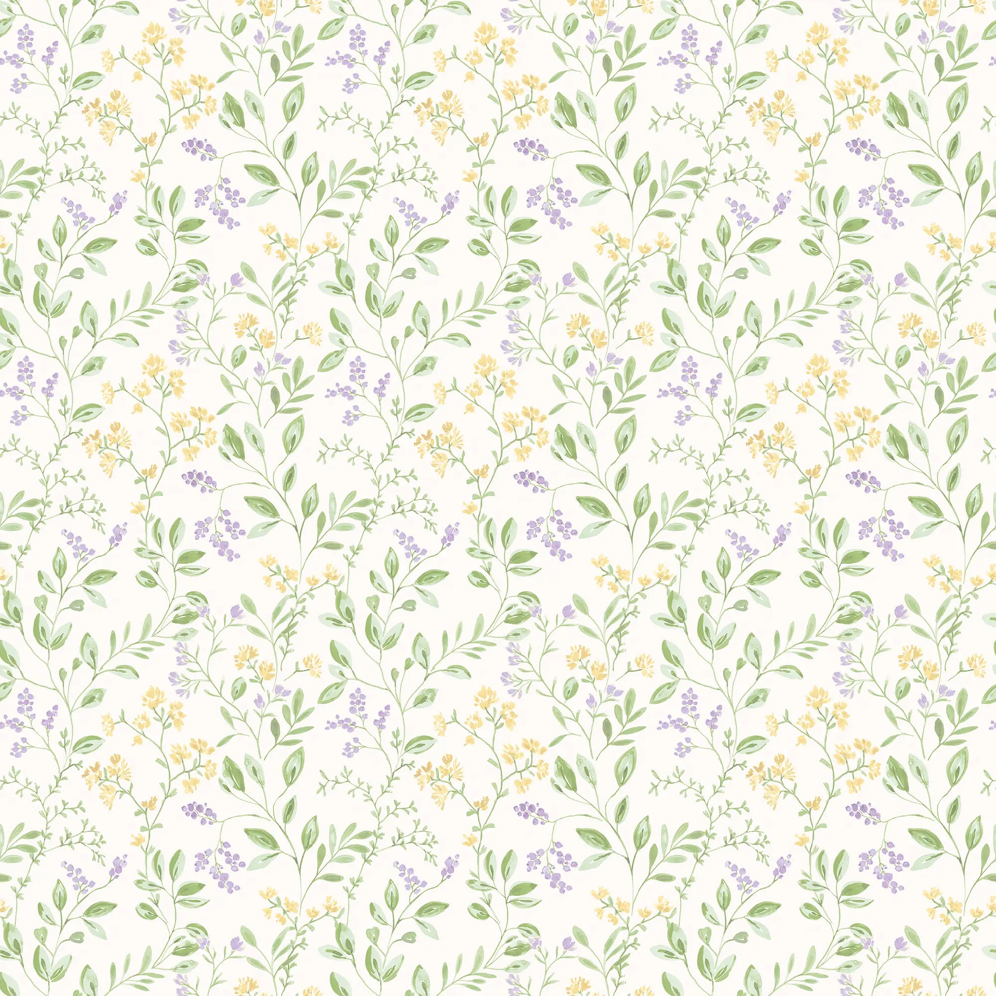 Detaljeret billede af tapetet Floral Brew - Lilac, viser et mønster af lilla og gule blomster samt grønne blade.