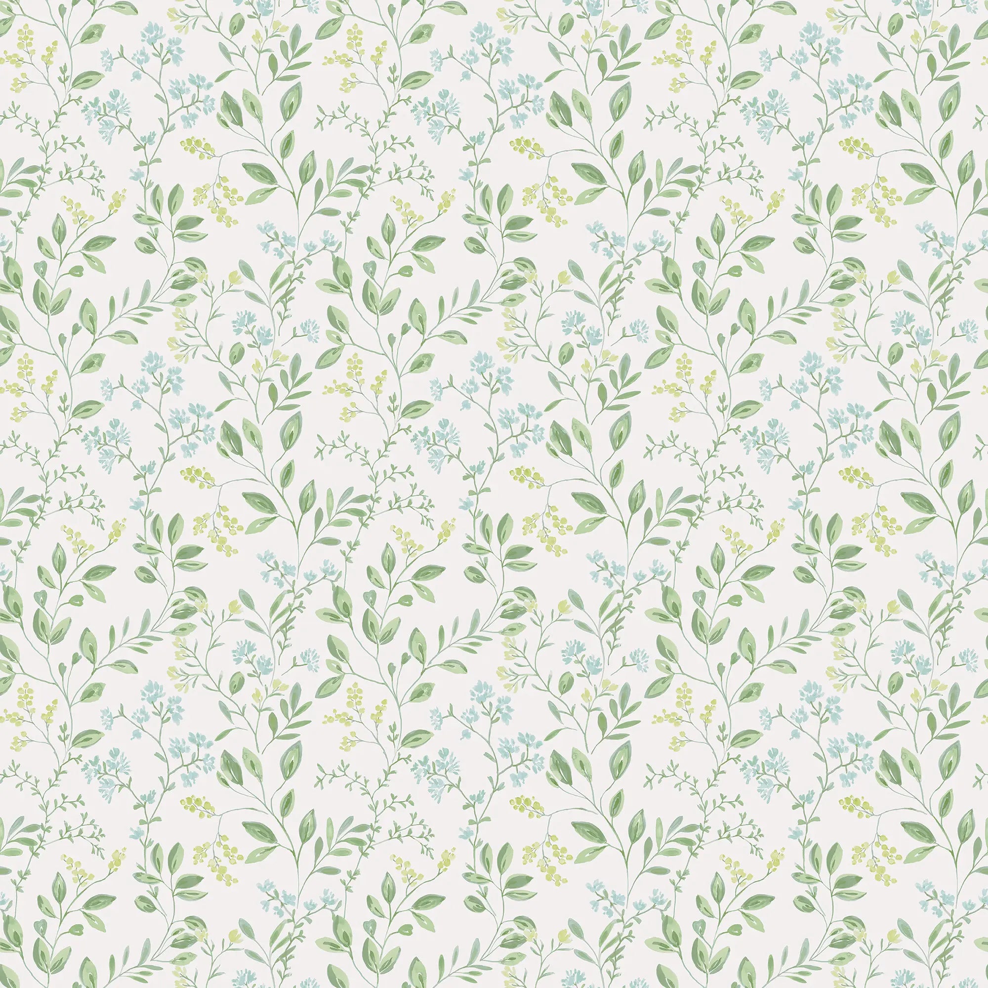 Floral Brew - Mint tapet med delikate blomster- og bladmønstre på en lys baggrund.