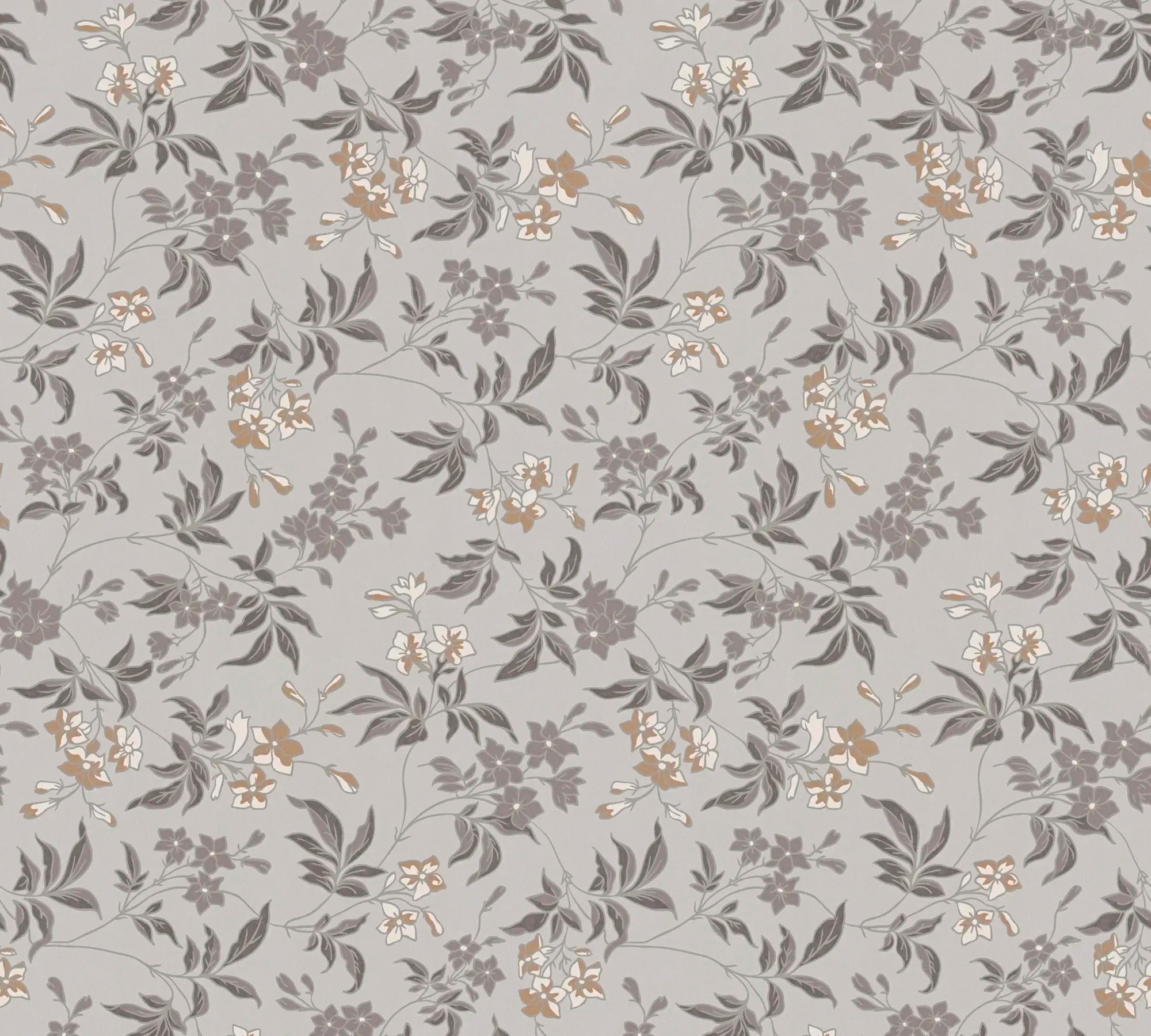 Detaljeret billede af tapetmønsteret 'Floral Rhapsody - Stone Whisper' med delikate blomster og blade i neutrale toner.