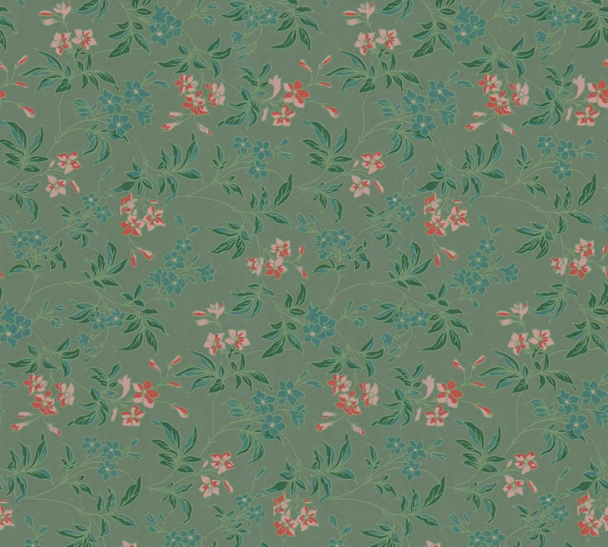 Nærbillede af tapetmønsteret Floral Rhapsody - Verdant Melody med levende blomster i blå og rød på en grøn baggrund.
