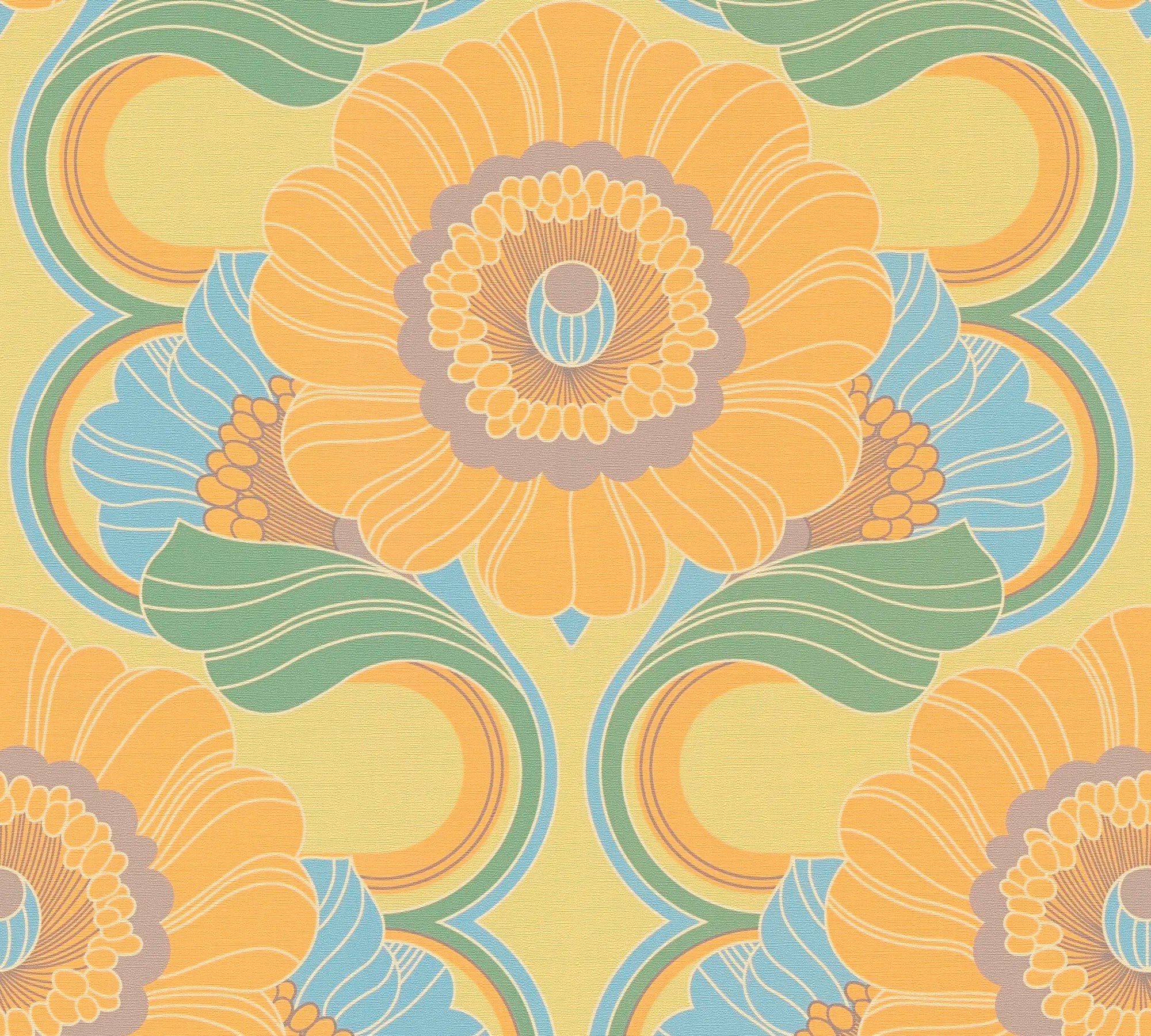 Florence - Sunburst tapet med et mønster af store, gule blomster og grønlige blade.
