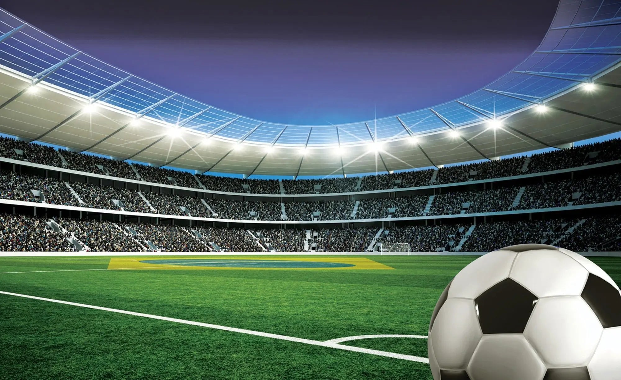 Billede 1 af Fototapet - Fodboldstadion med græsplæne og fodbold i forgrunden