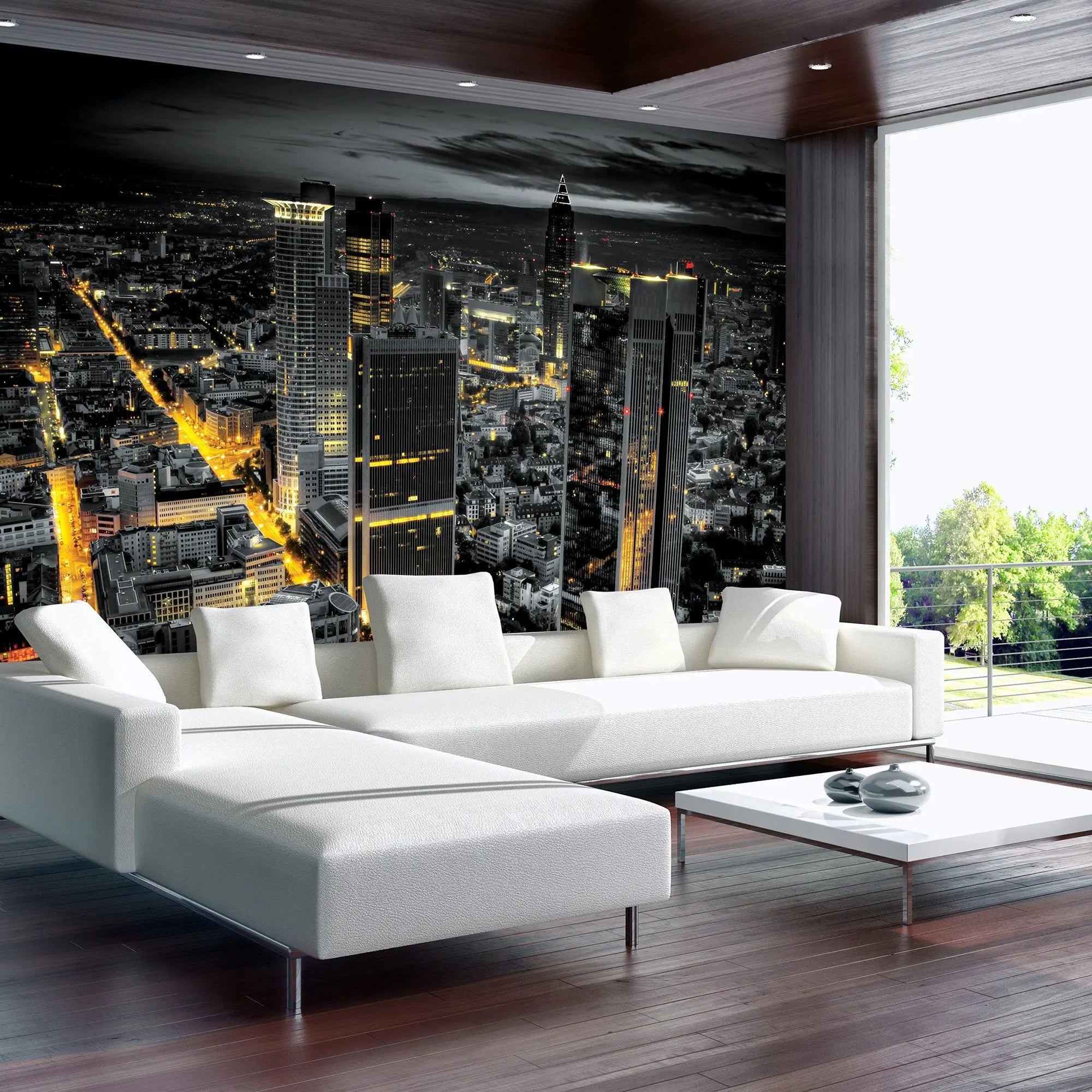 Billede 3 af Fototapet - Frankfurt Skyline om natten med oplyste gader