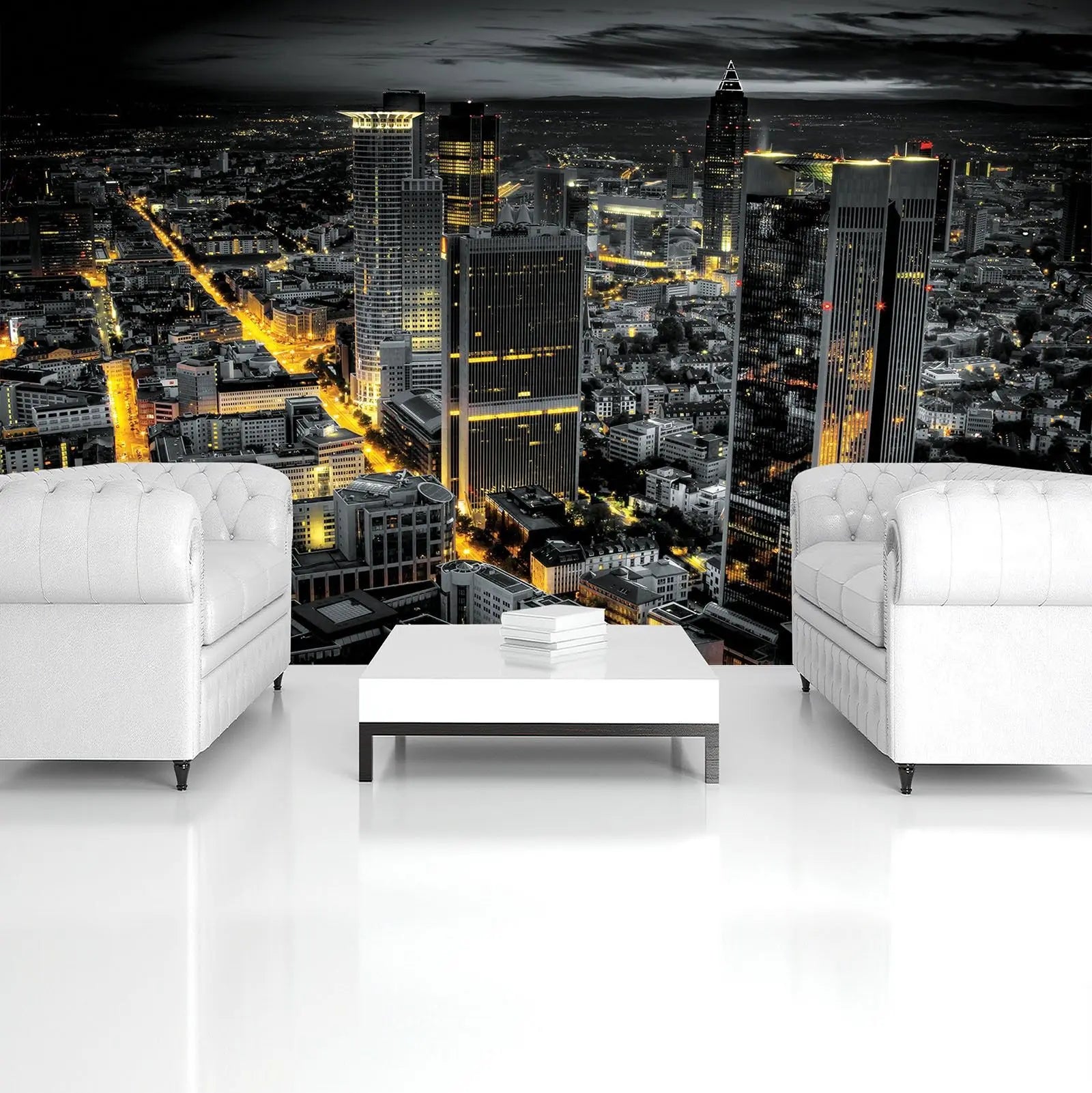 Billede 6 af Fototapet - Frankfurt Skyline om natten med oplyste gader