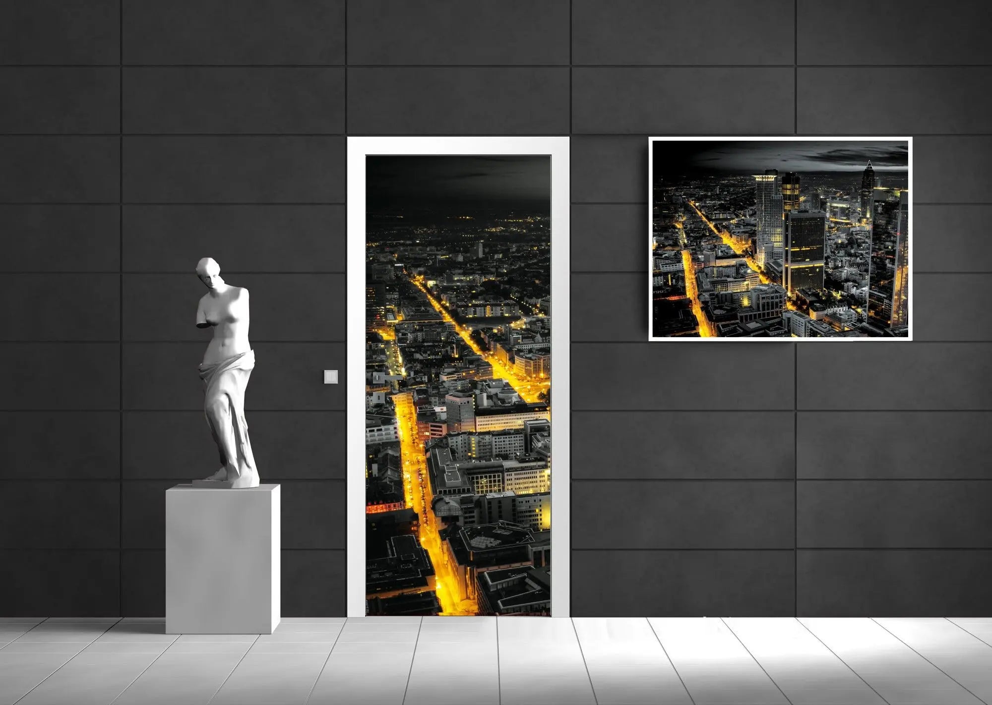 Billede 8 af Fototapet - Frankfurt Skyline om natten med oplyste gader