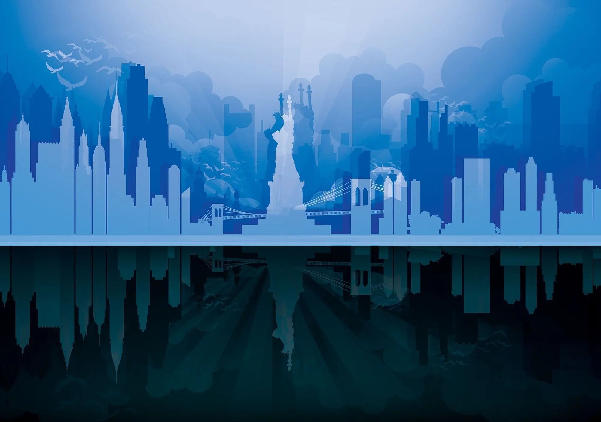 Billede 1 af Fototapet - Frihedsgudinden med New Yorks skyline i blå nuancer
