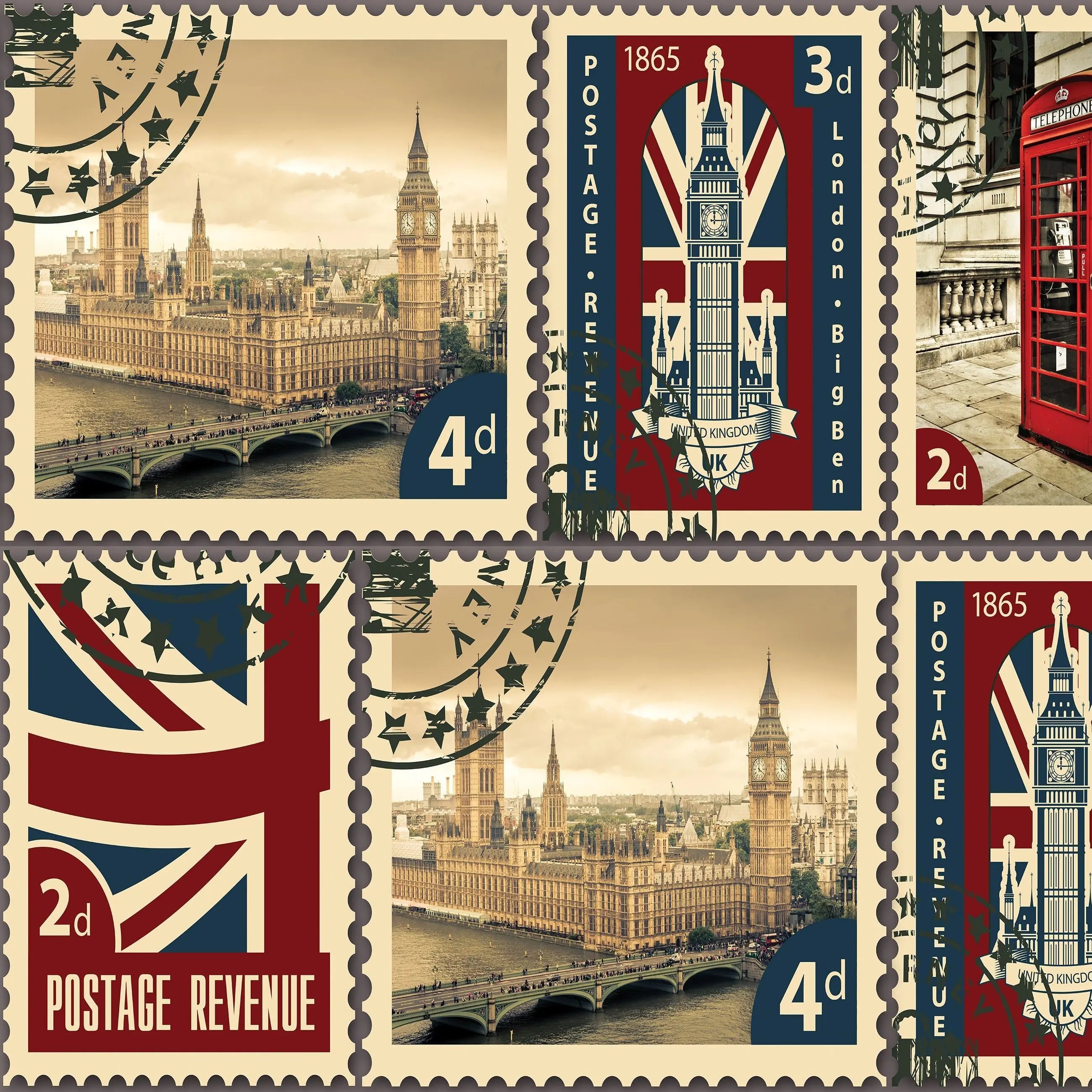 Billede 15 af Fototapet - Frimærker med Big Ben og røde telefonbokse i London