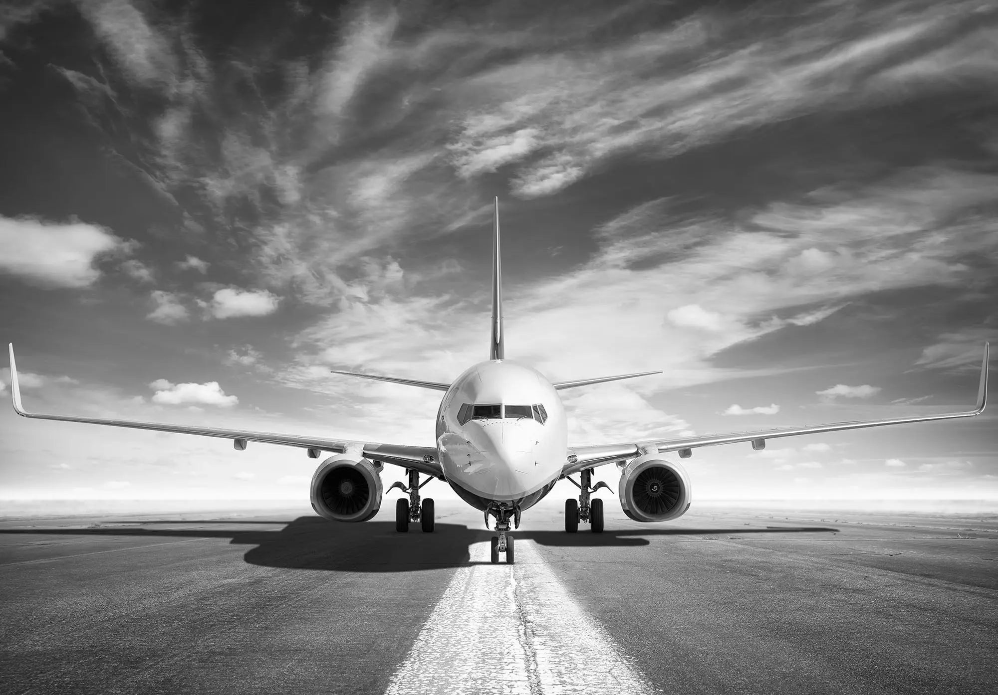 Billede 1 af Fototapet - Front af passagerfly på landingsbane i sort-hvid