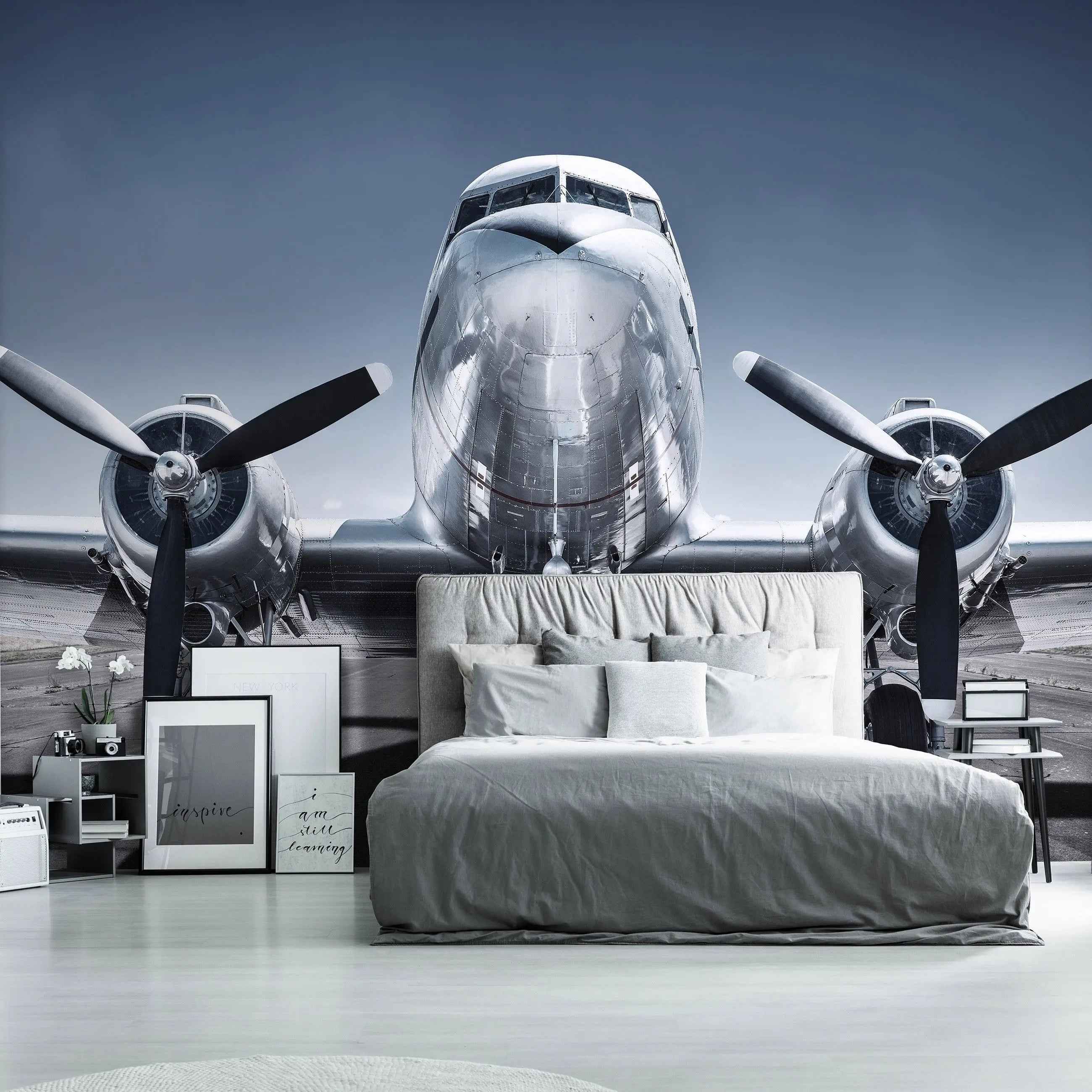 Billede 12 af Fototapet - Front af sølvfarvet Douglas DC-3 propelfly på landingsbane