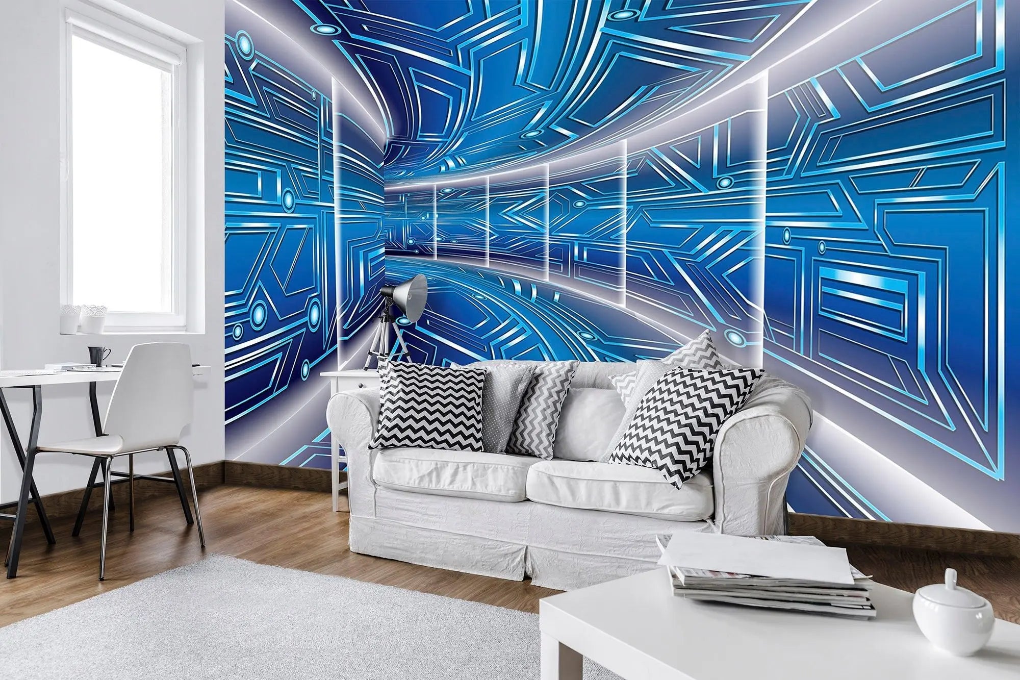 Billede 2 af Fototapet - Futuristisk blå korridor med geometrisk mønster