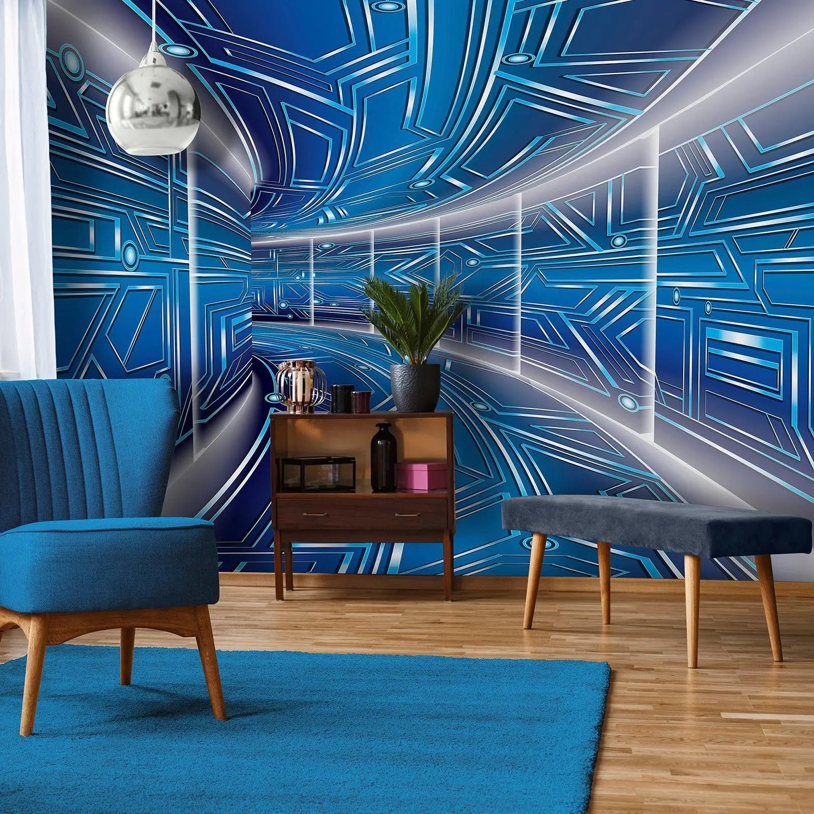 Billede 3 af Fototapet - Futuristisk blå korridor med geometrisk mønster