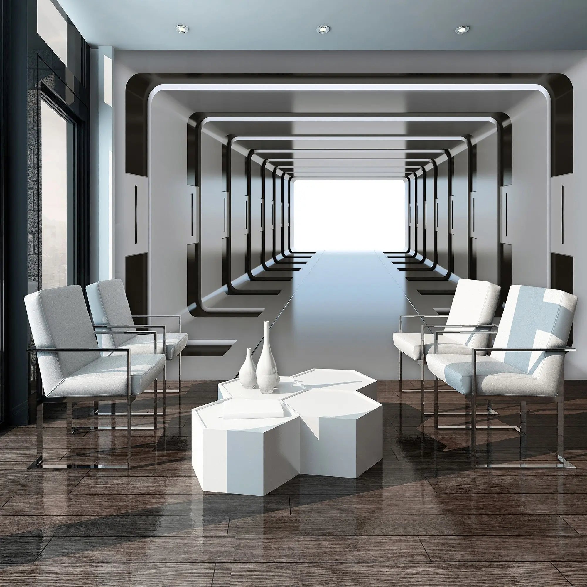 Billede 4 af Fototapet - Futuristisk hvid og sort tunnel med lys åbning