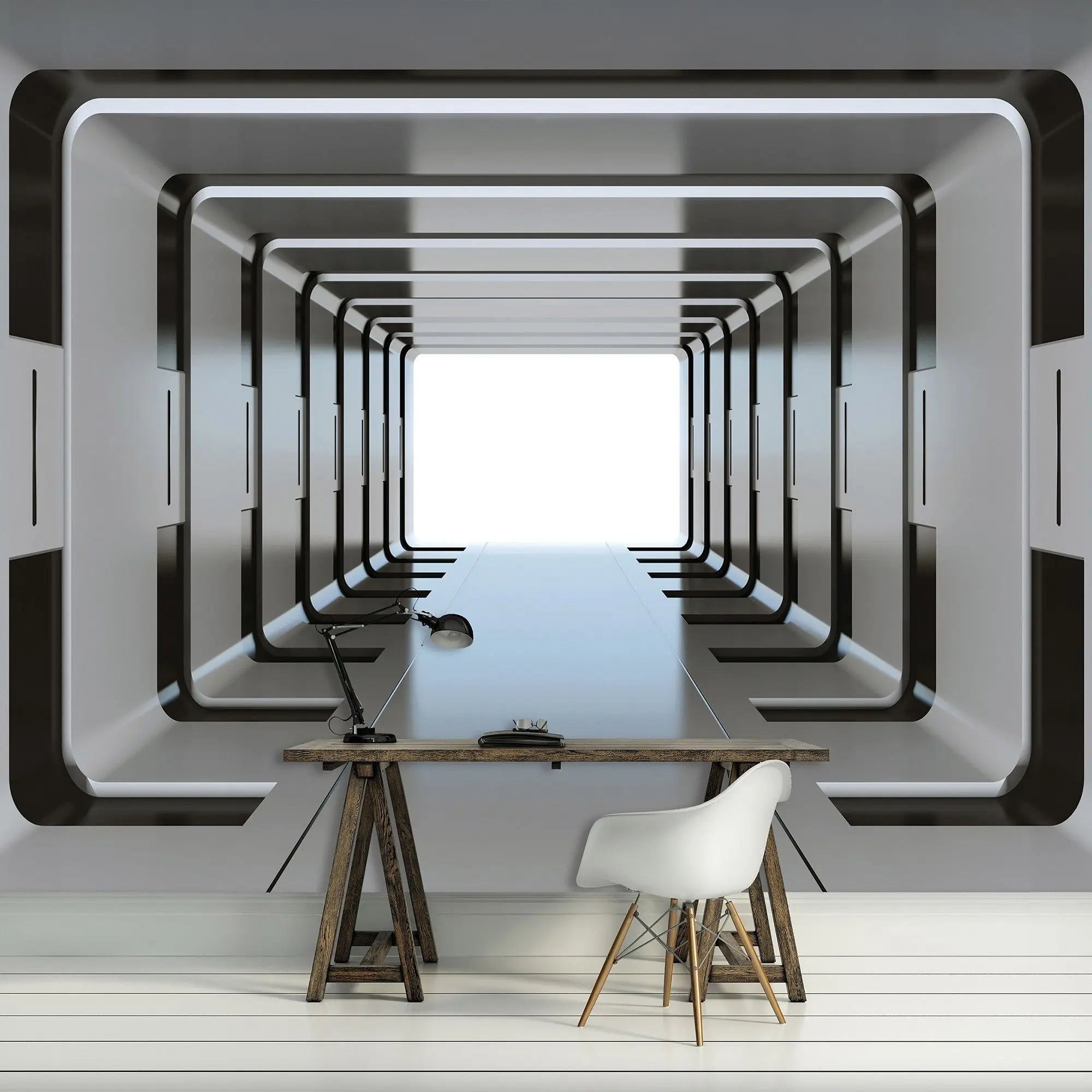 Billede 5 af Fototapet - Futuristisk hvid og sort tunnel med lys åbning