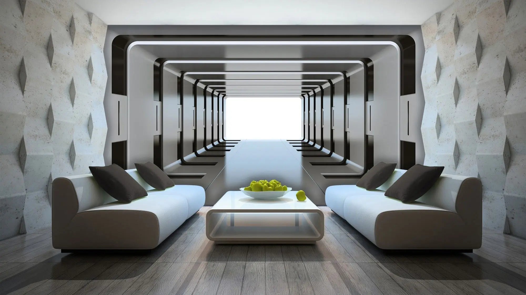 Billede 7 af Fototapet - Futuristisk hvid og sort tunnel med lys åbning