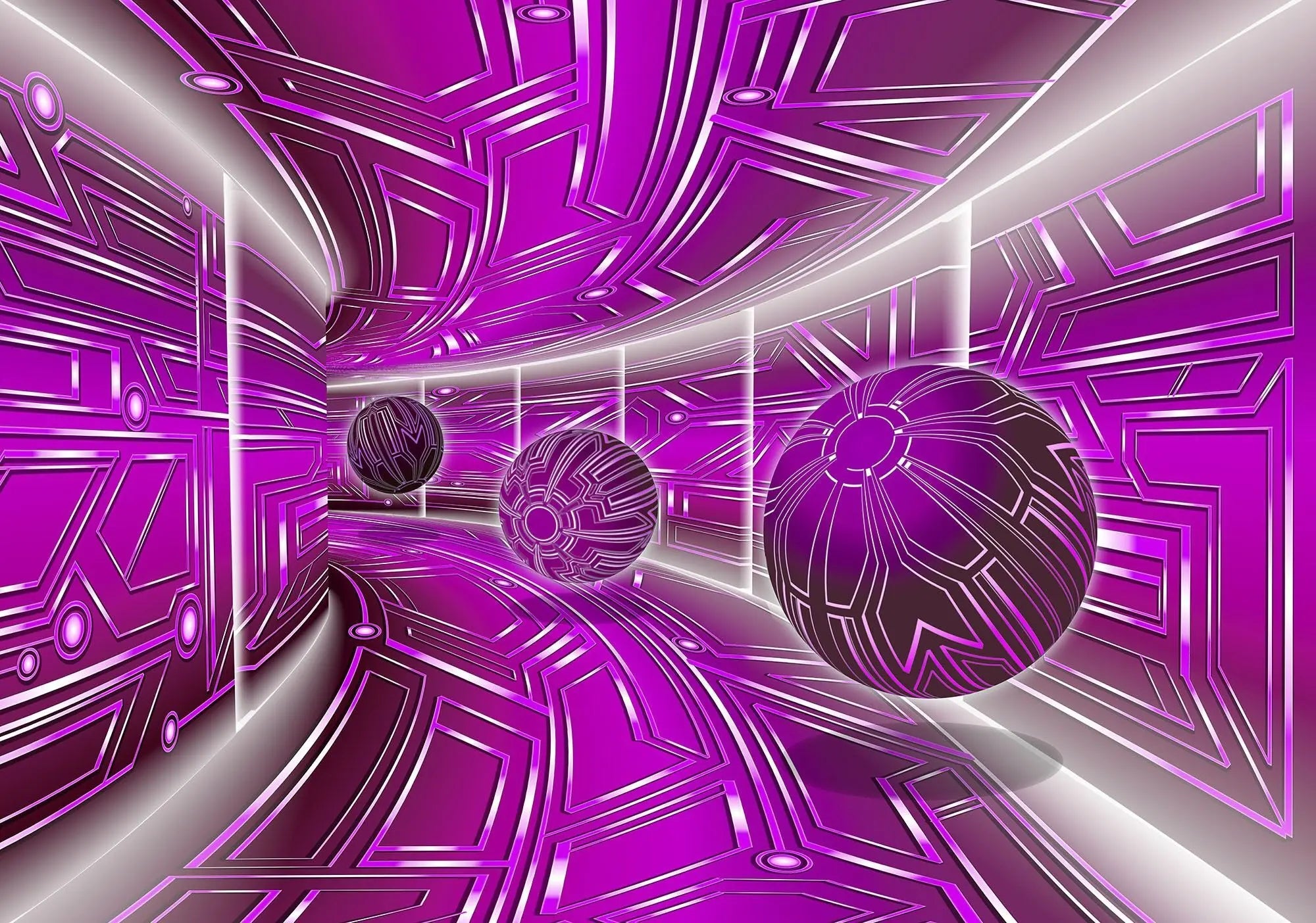 Billede 1 af Fototapet - Futuristisk lilla tunnel med sfærer og geometriske mønstre