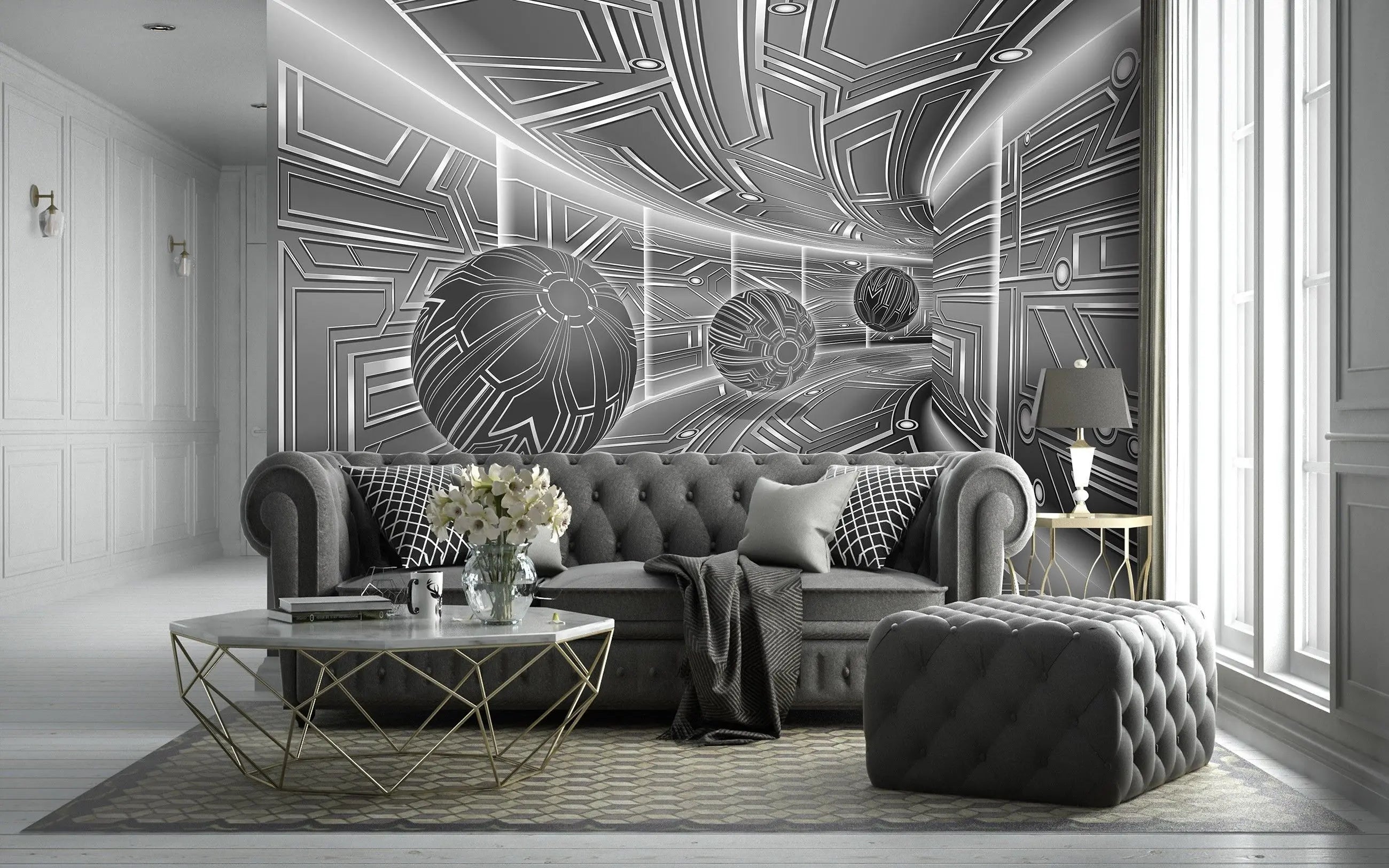 Billede 13 af Fototapet - Futuristisk metallisk korridor med sfærer