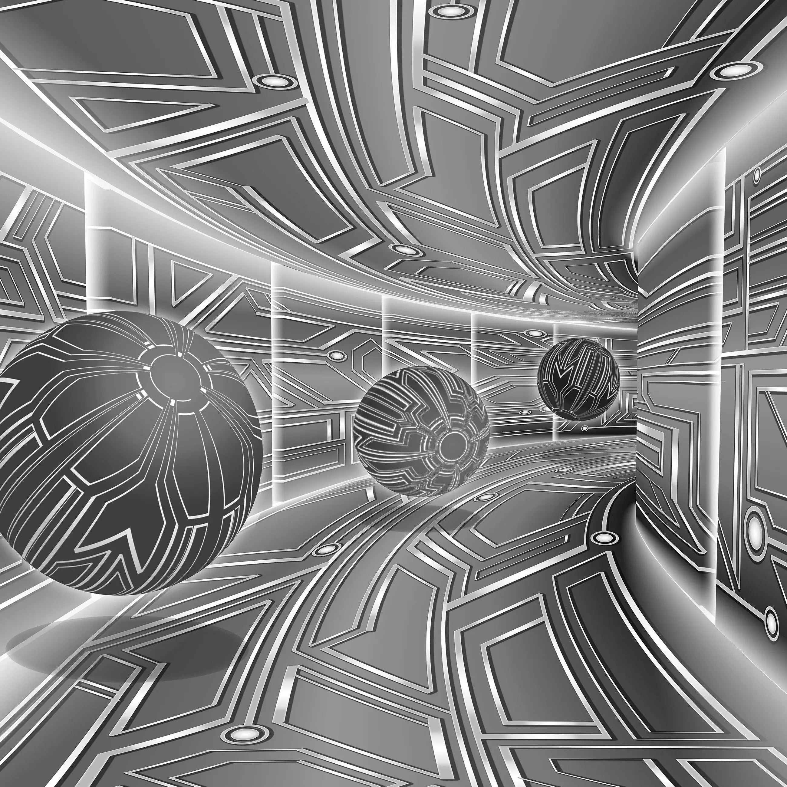 Billede 17 af Fototapet - Futuristisk metallisk korridor med sfærer