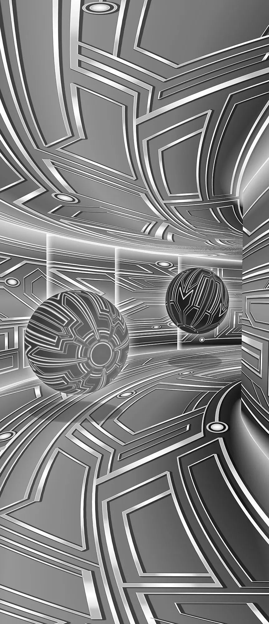 Billede 19 af Fototapet - Futuristisk metallisk korridor med sfærer