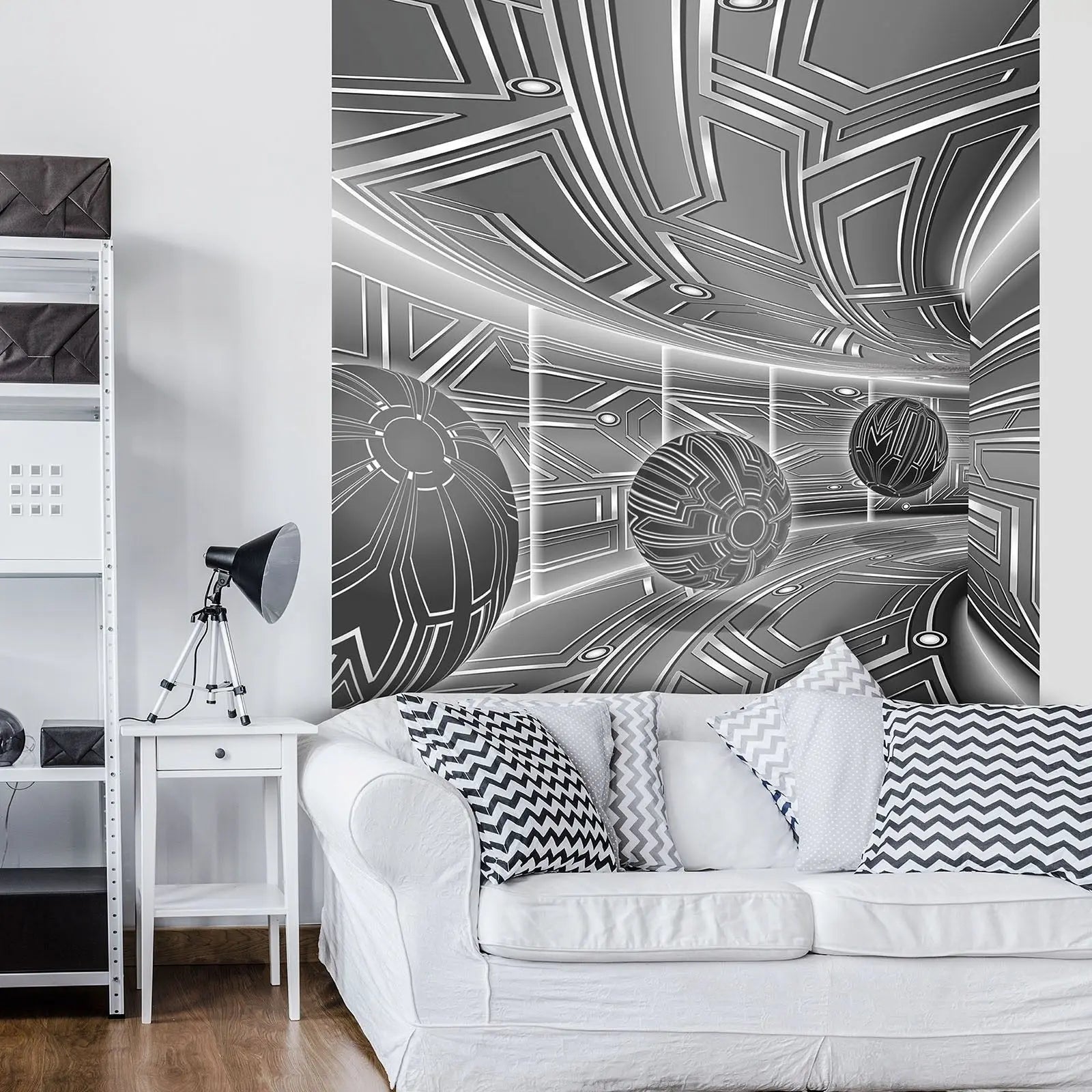 Billede 6 af Fototapet - Futuristisk metallisk korridor med sfærer