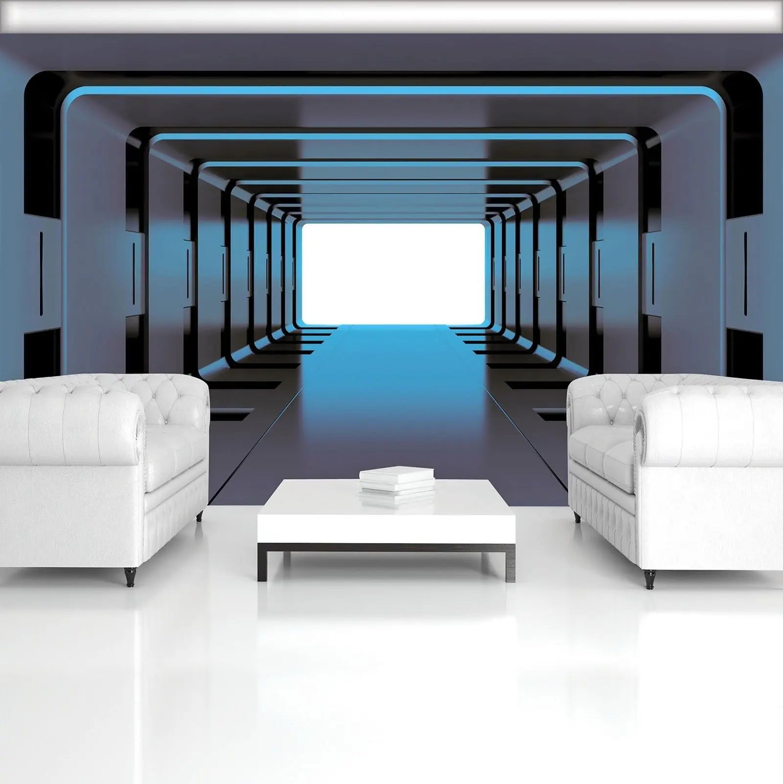 Billede 6 af Fototapet - Futuristisk metallisk tunnel med blåt lys