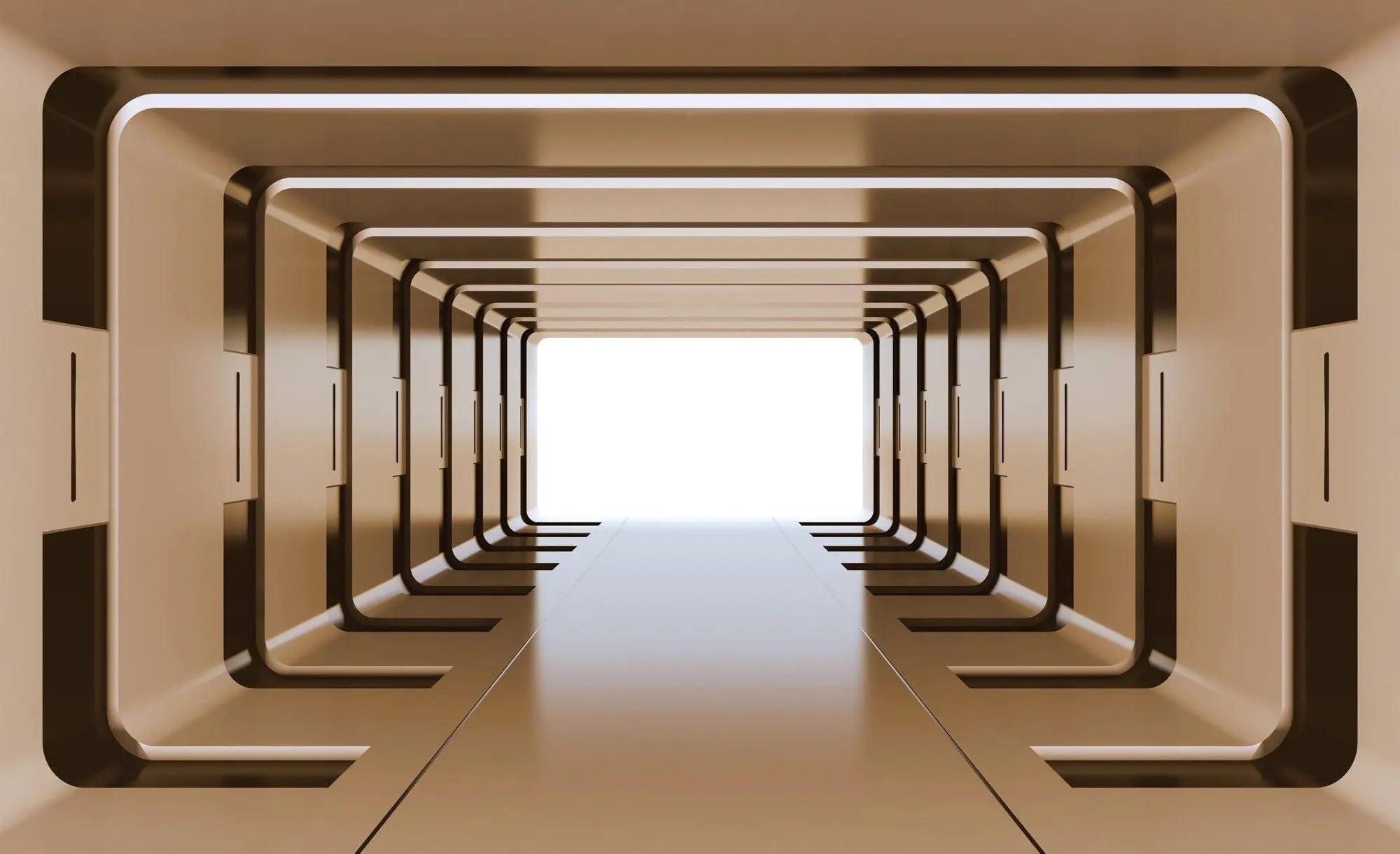 Billede 1 af Fototapet - Futuristisk symmetrisk tunnel med gylden belysning