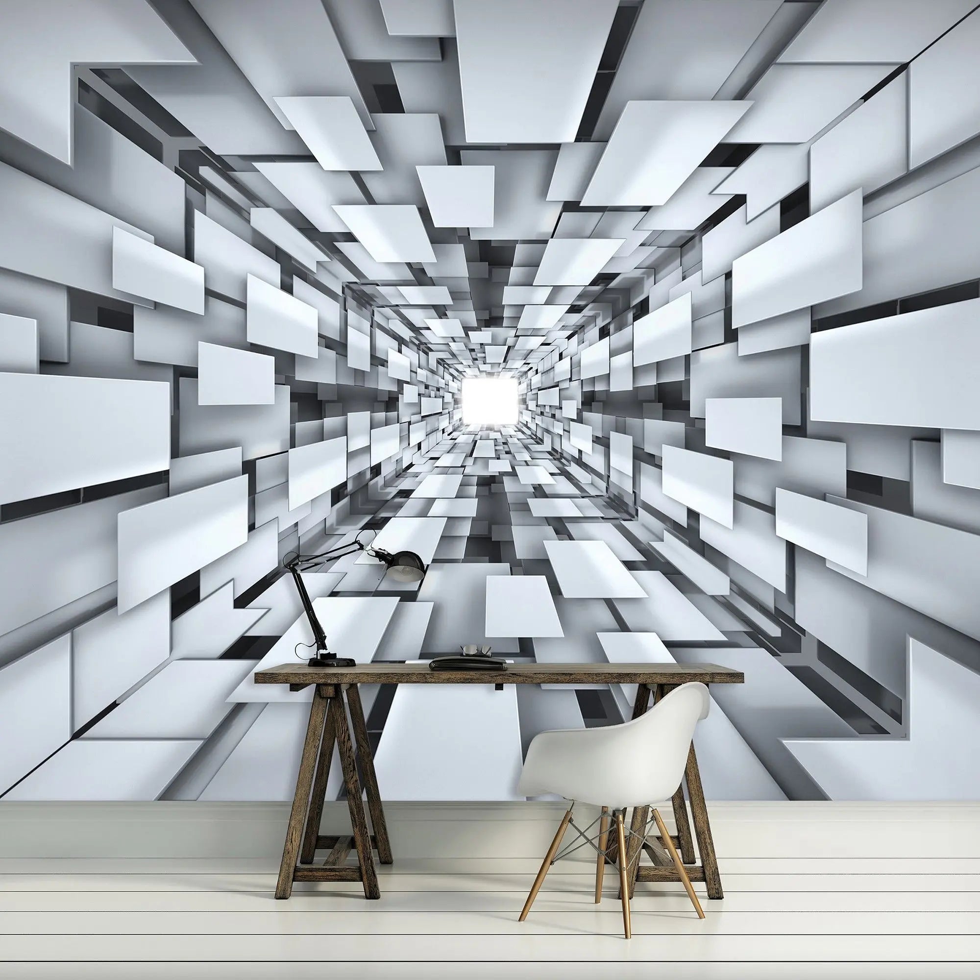 Billede 4 af Fototapet - Futuristisk tunnel med hvide rektangulære paneler