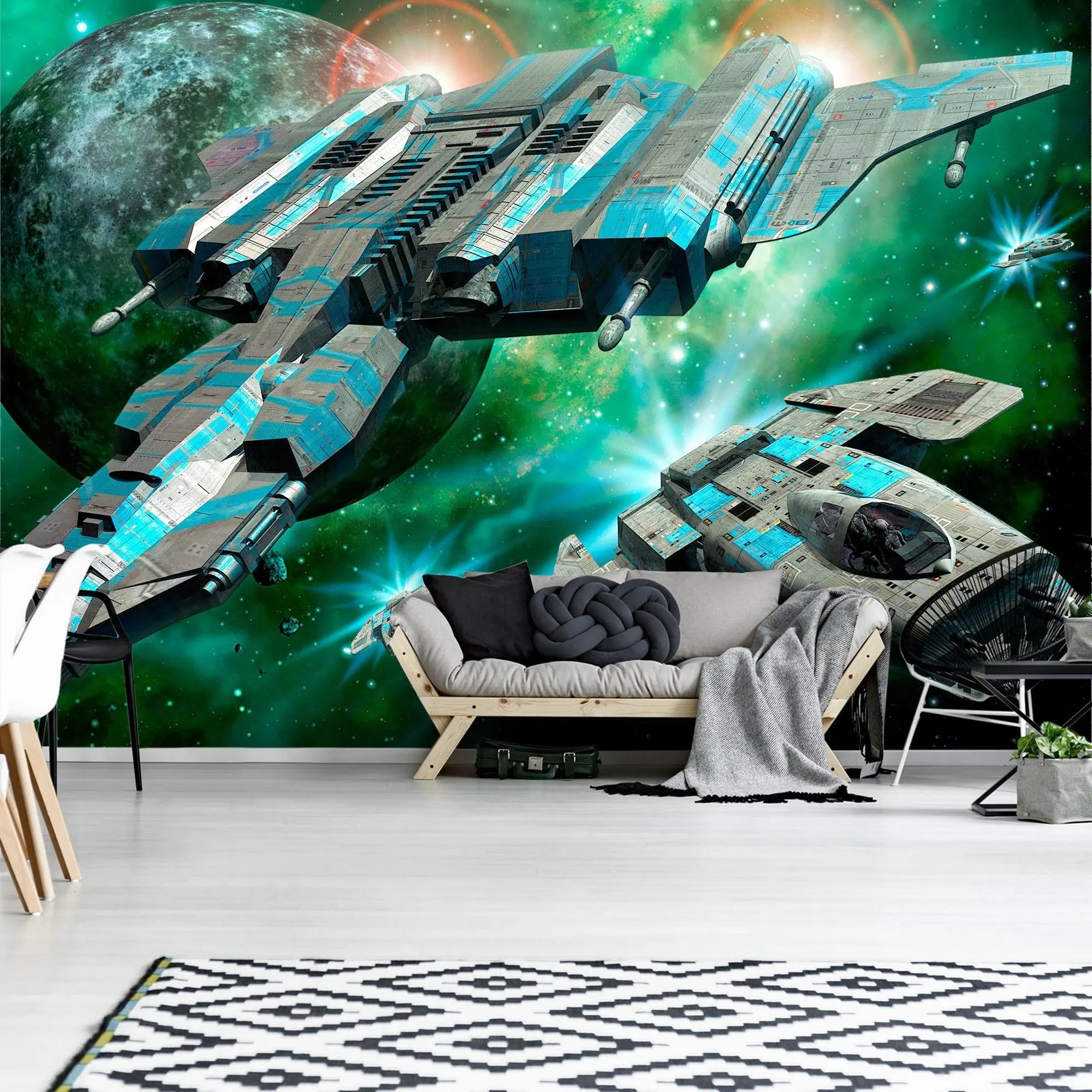 Billede 10 af Fototapet - Futuristiske rumskibe foran planet og stjerner i rummet