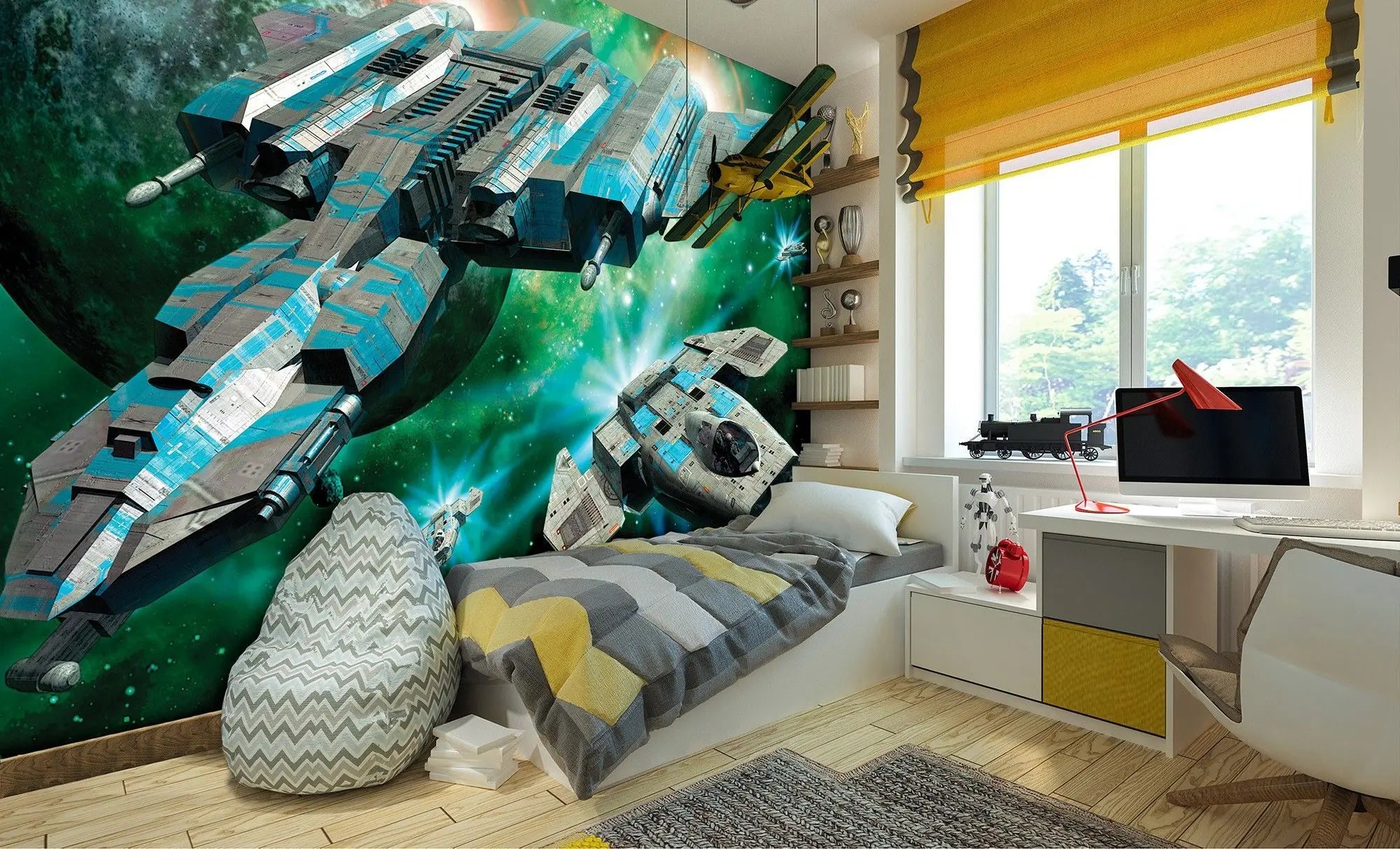 Billede 9 af Fototapet - Futuristiske rumskibe foran planet og stjerner i rummet