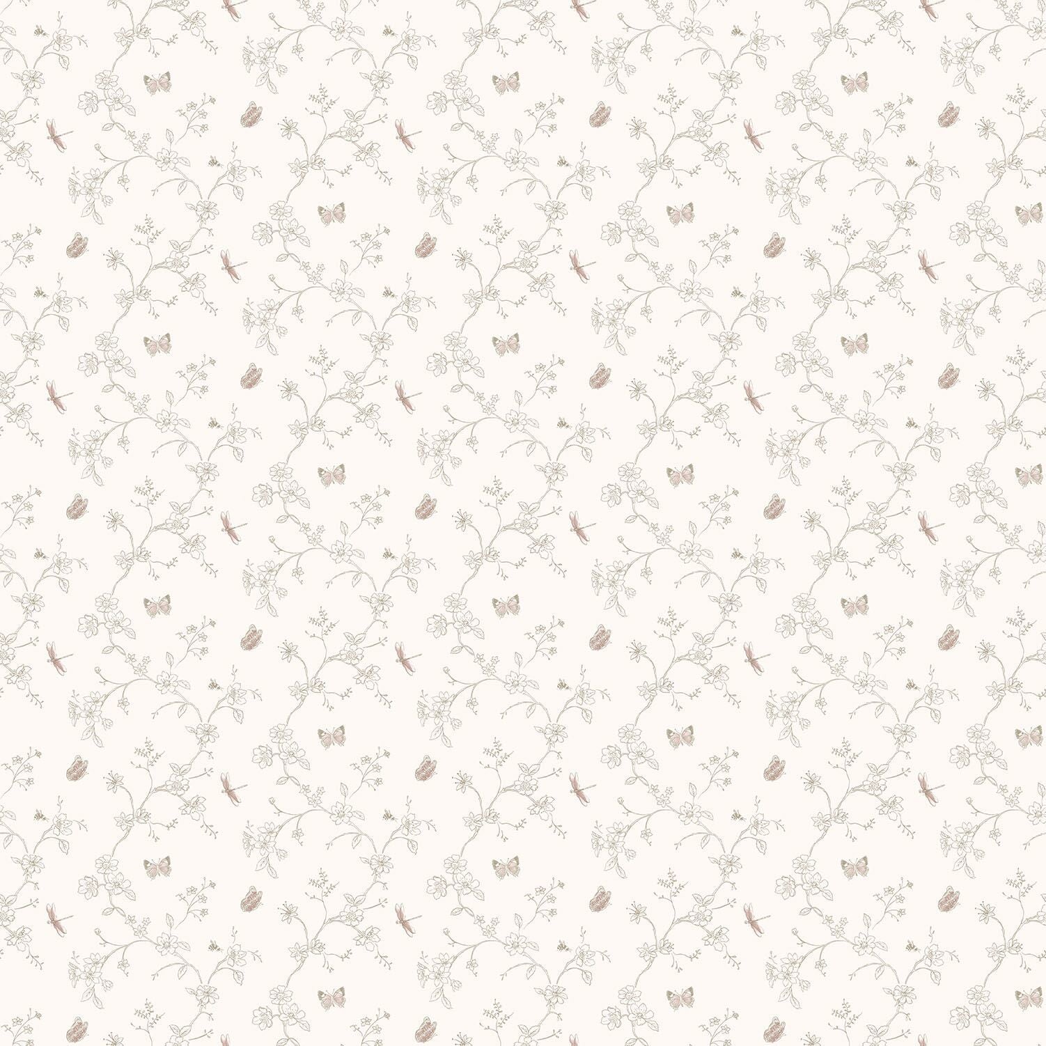 G67853-Hvid tapet med beige sommerfugl og blomst - Køb flot tapet her