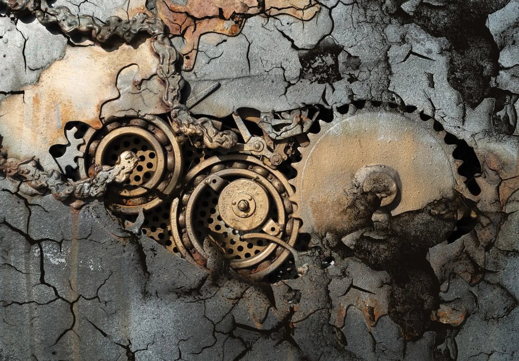 Billede 1 af Fototapet - Gamle rustne tandhjul og kæde på revnet metaloverflade