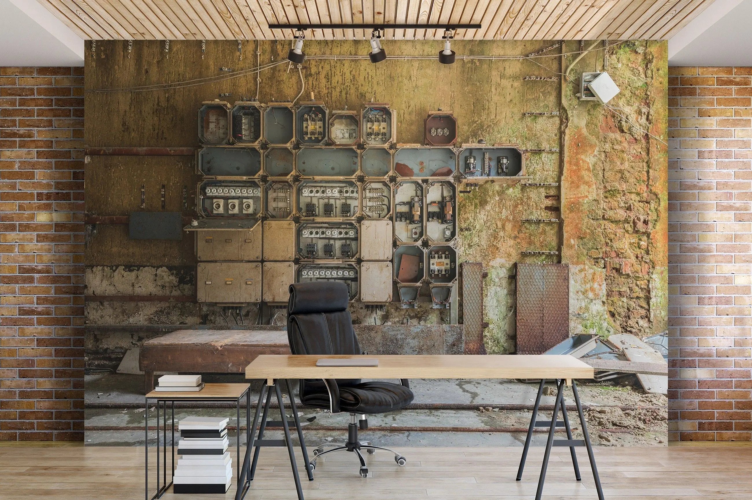 Billede 3 af Fototapet - Gammelt industrielt kontrolpanel med rust og affald