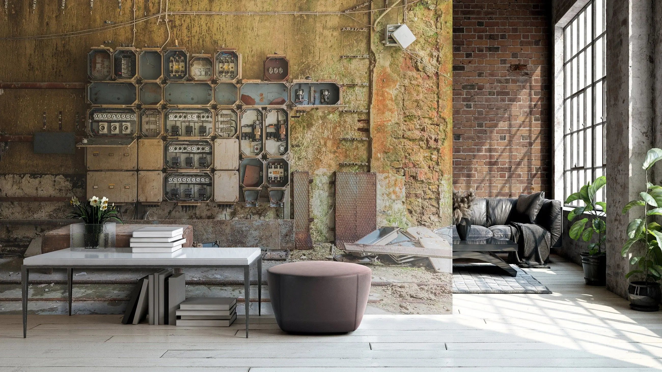 Billede 5 af Fototapet - Gammelt industrielt kontrolpanel med rust og affald