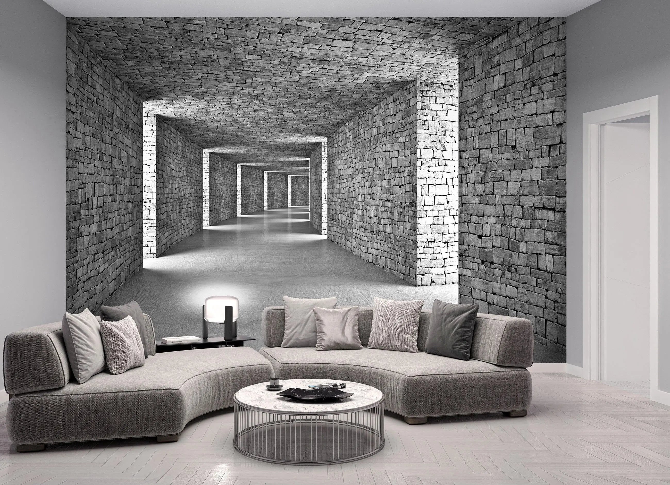 Billede 9 af Fototapet - Gang med hvælvede stenlofter og murstensvægge