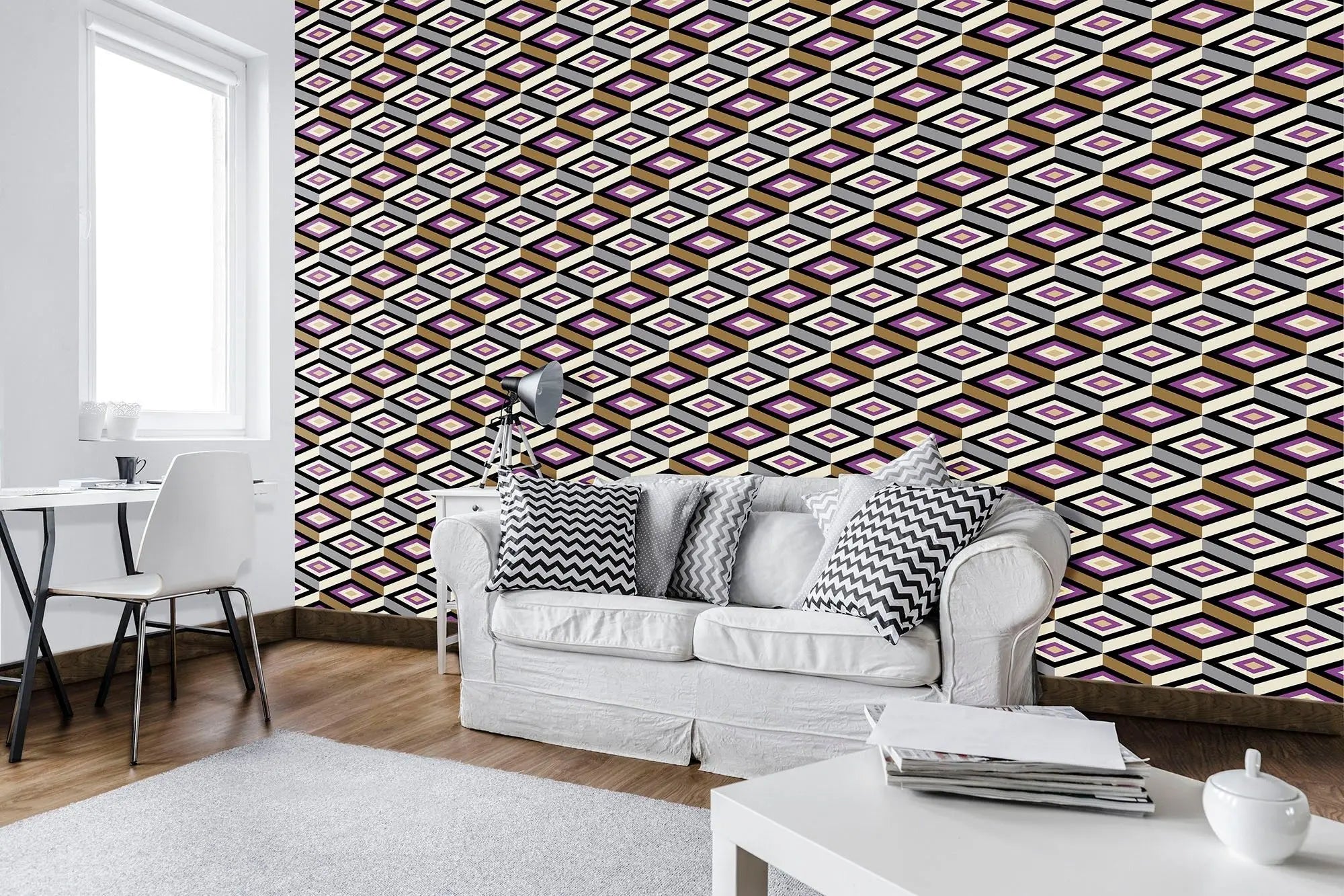 Billede 2 af Fototapet - Gentagende geometrisk mønster med tredimensionelle kuber og farver