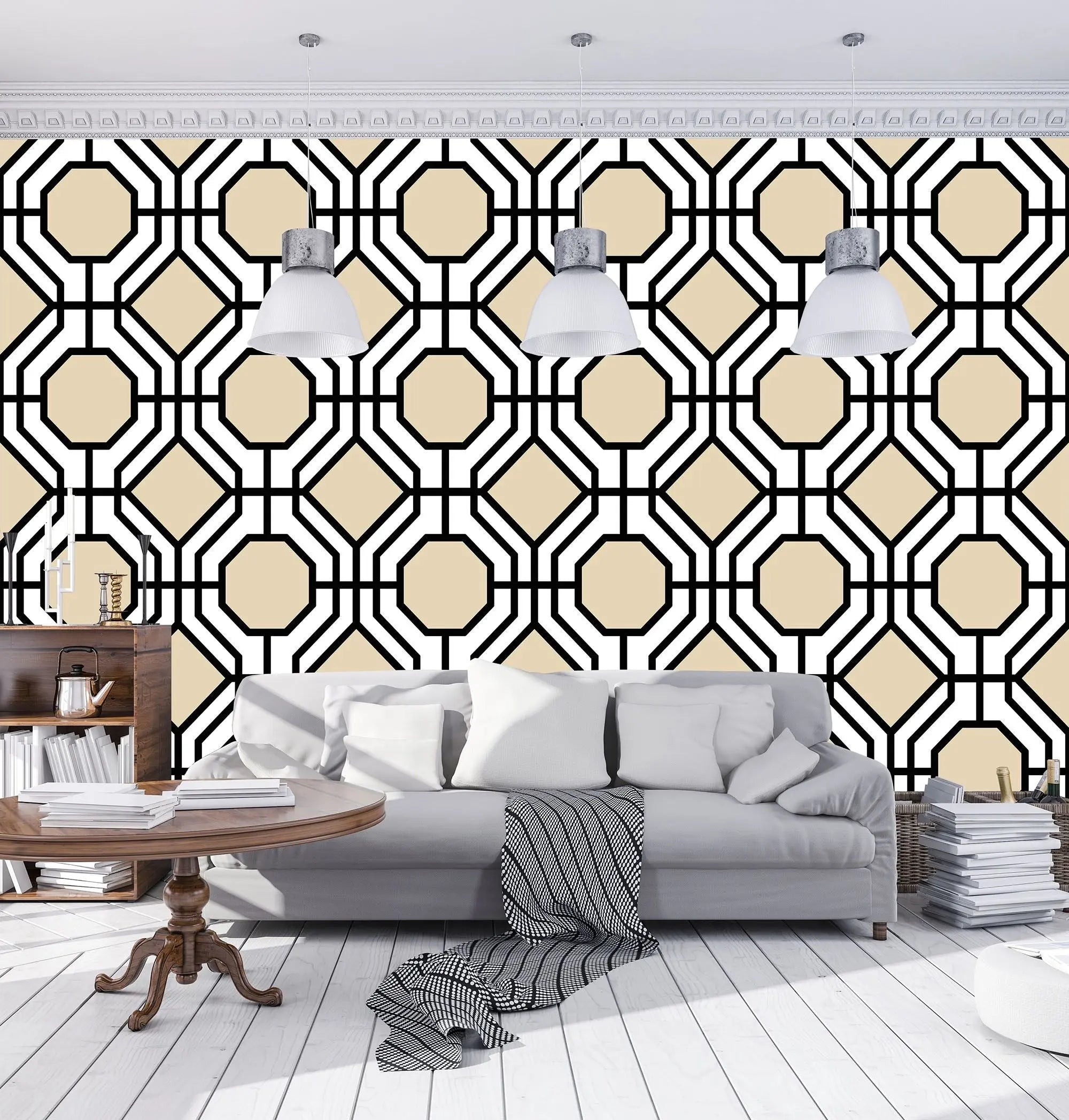 Billede 2 af Fototapet - Gentaget geometrisk mønster med sorte linjer og beige baggrund