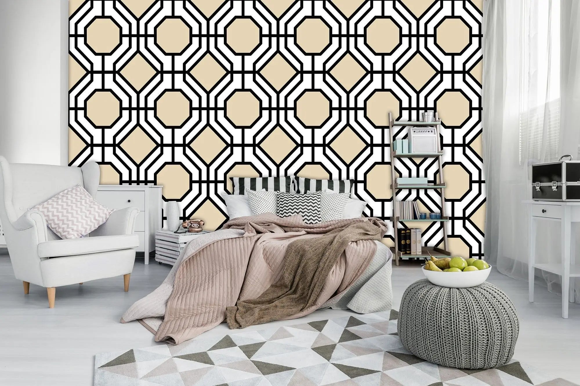 Billede 3 af Fototapet - Gentaget geometrisk mønster med sorte linjer og beige baggrund