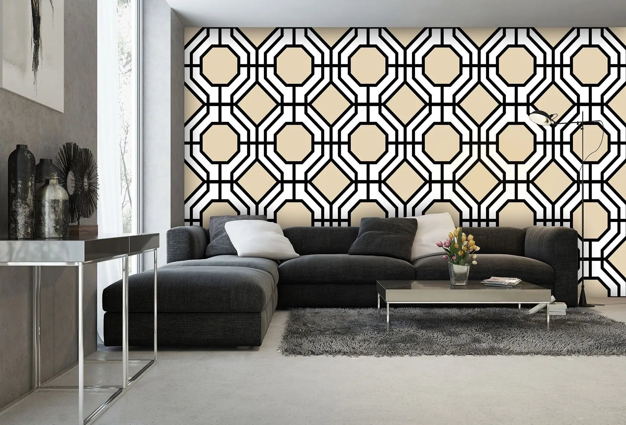 Billede 4 af Fototapet - Gentaget geometrisk mønster med sorte linjer og beige baggrund