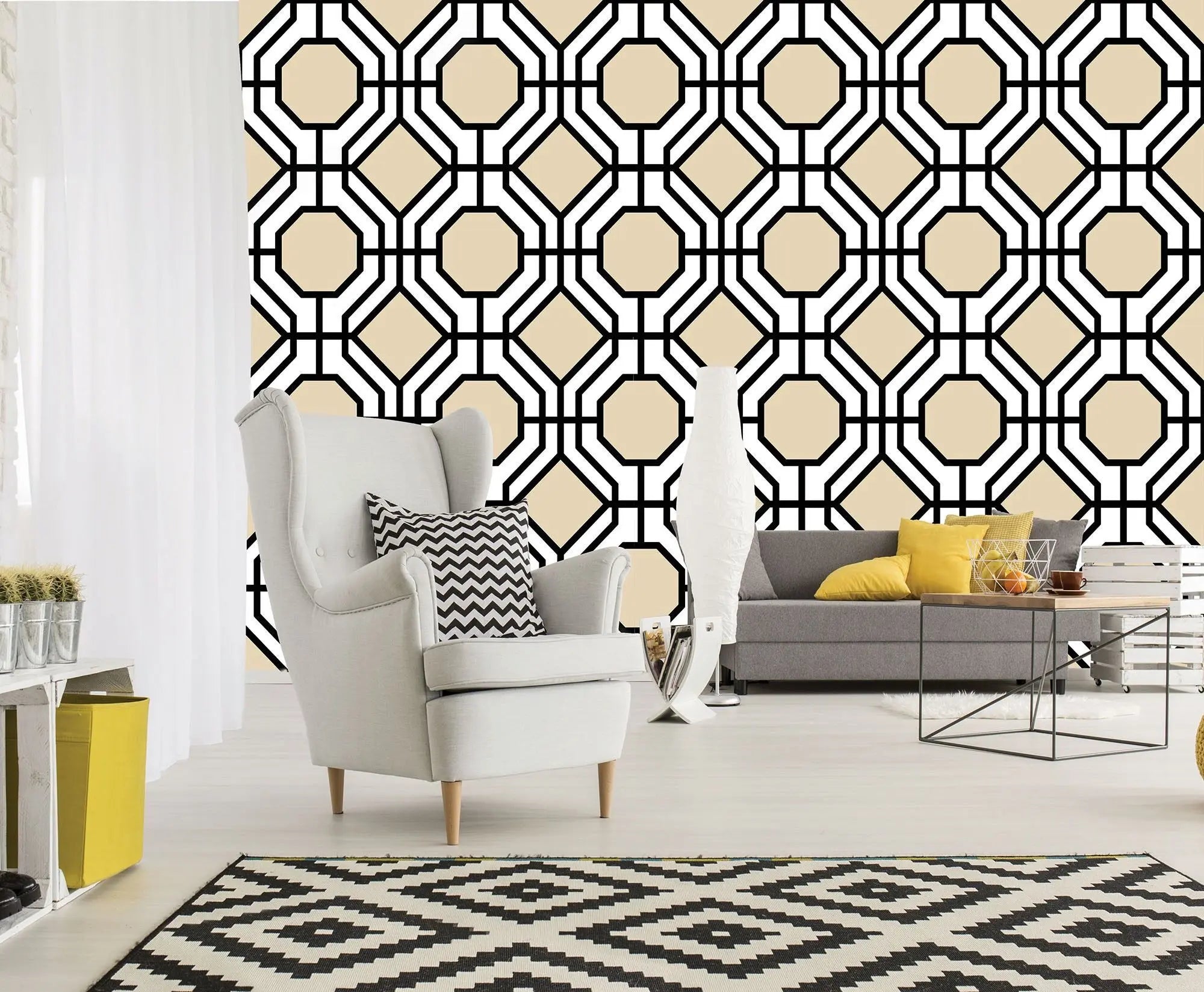 Billede 5 af Fototapet - Gentaget geometrisk mønster med sorte linjer og beige baggrund