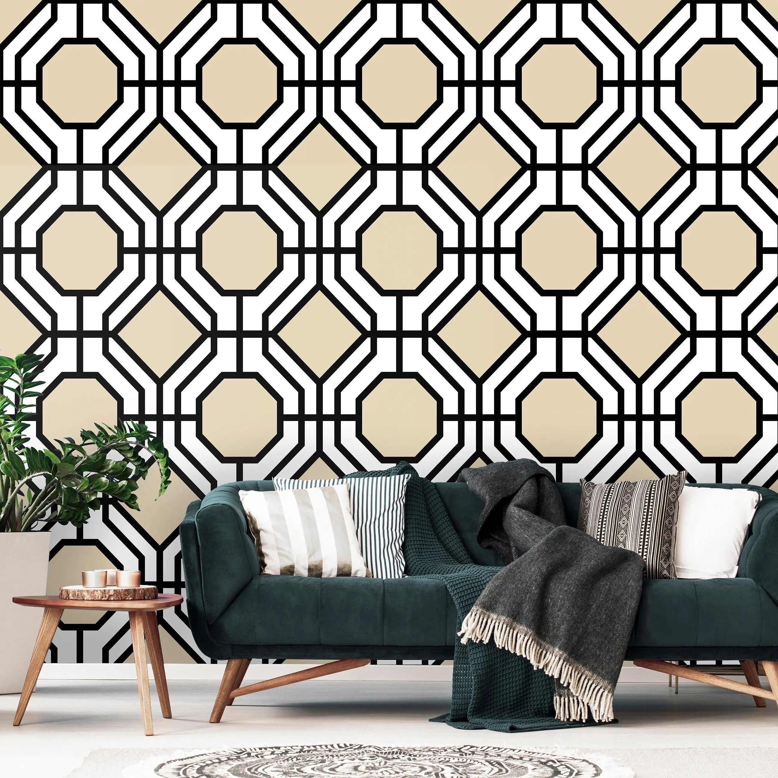 Billede 8 af Fototapet - Gentaget geometrisk mønster med sorte linjer og beige baggrund