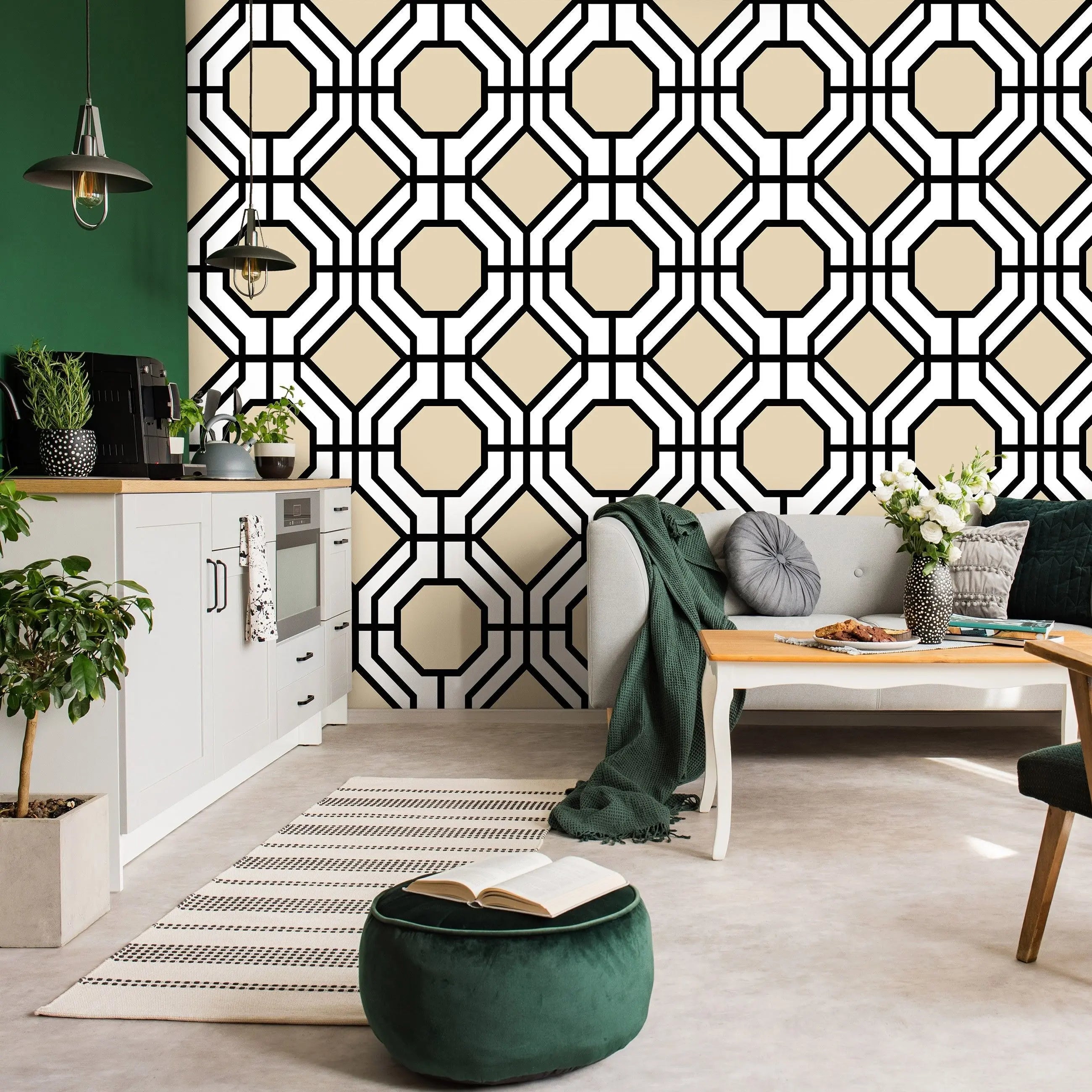 Billede 9 af Fototapet - Gentaget geometrisk mønster med sorte linjer og beige baggrund
