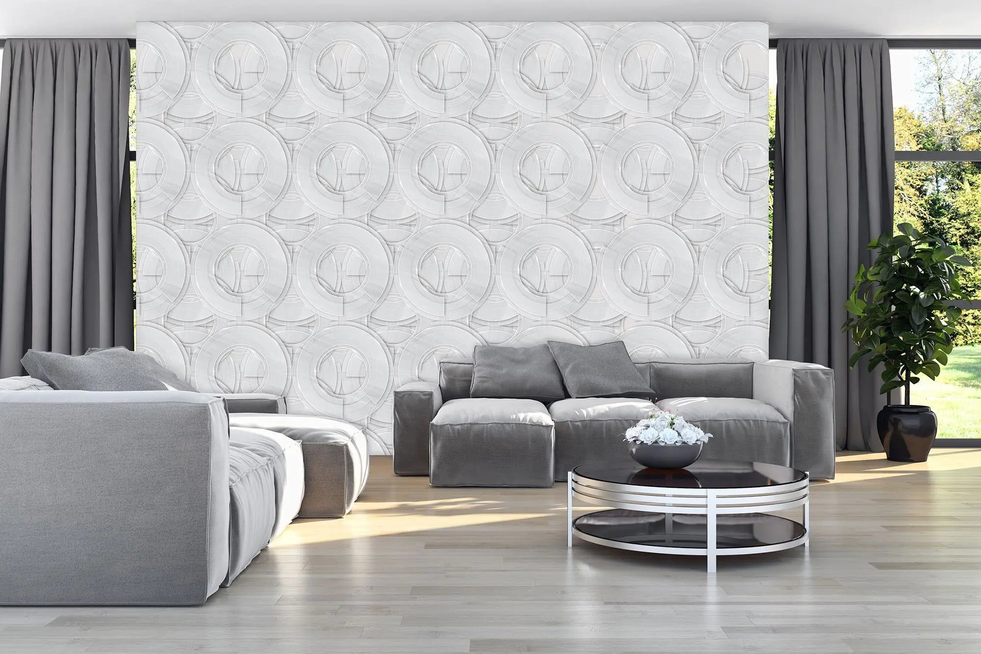 Billede 2 af Fototapet - Gentaget mønster af overlappende cirkler med gennemsigtighed