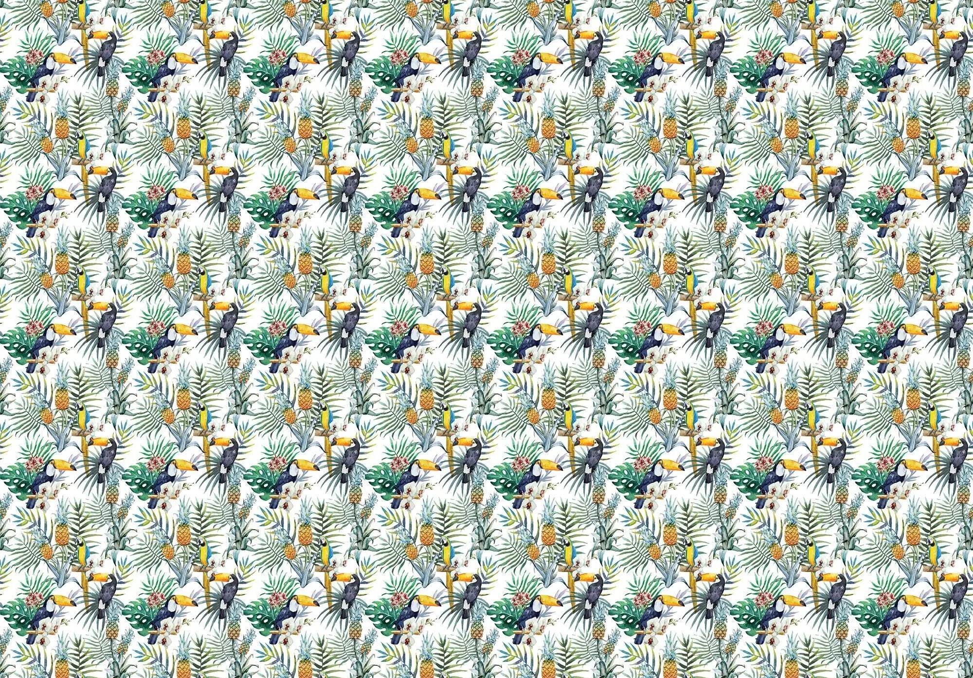 Billede 1 af Fototapet - Gentaget mønster af tropiske fugle og planter