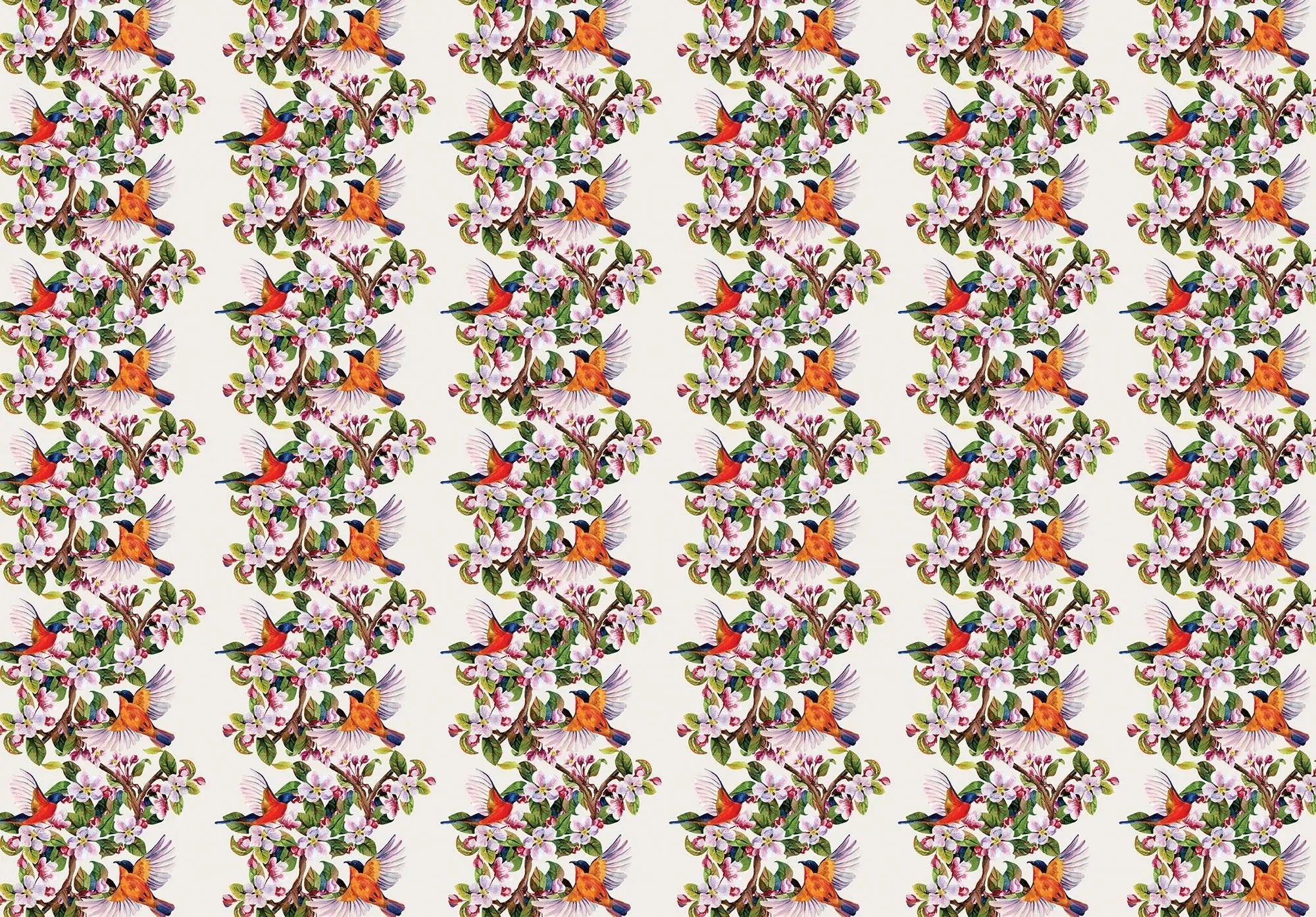 Billede 1 af Fototapet - Gentaget mønster med farverige fugle og blomster