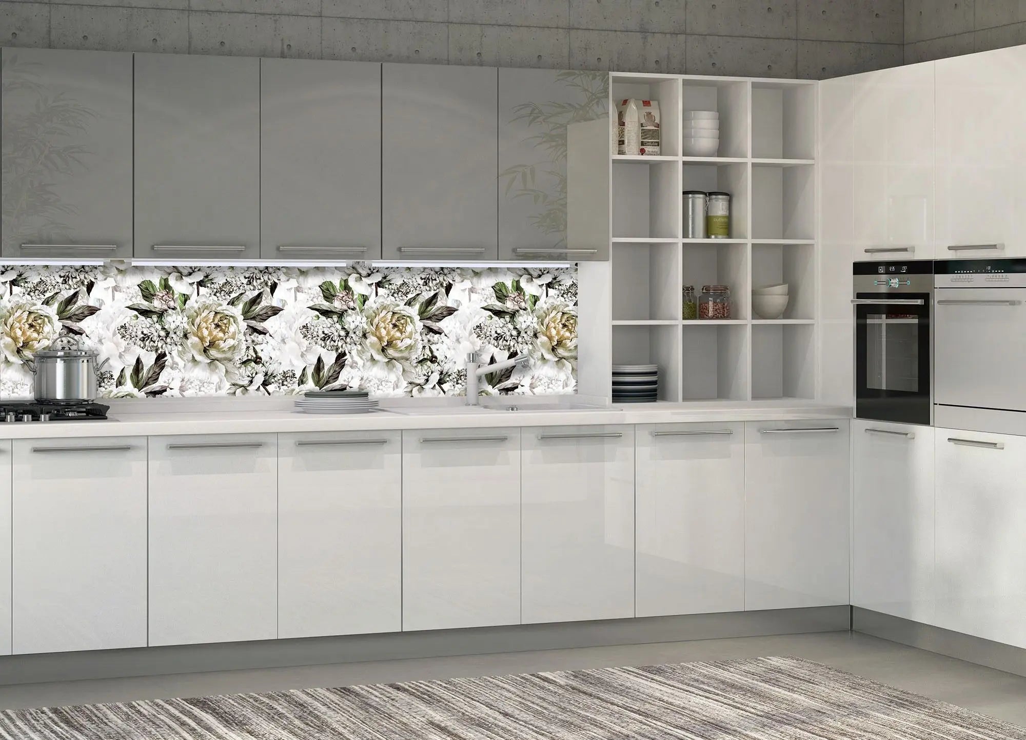 Billede 5 af Fototapet - Gentagne hvide og beige pæoner med grønne blade på hvid baggrund